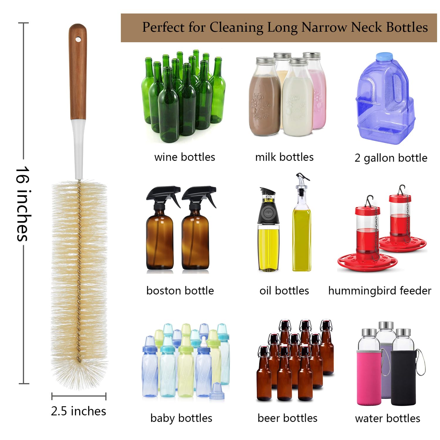 ALINK 5-Pack Bottle Brush Cleaner - Long Bamboo Handle Water Bottle Straw Cleaning Brush for Washing Narrow Neck Beer Wine Decanter, Sports Bottle, Thermos, Flask