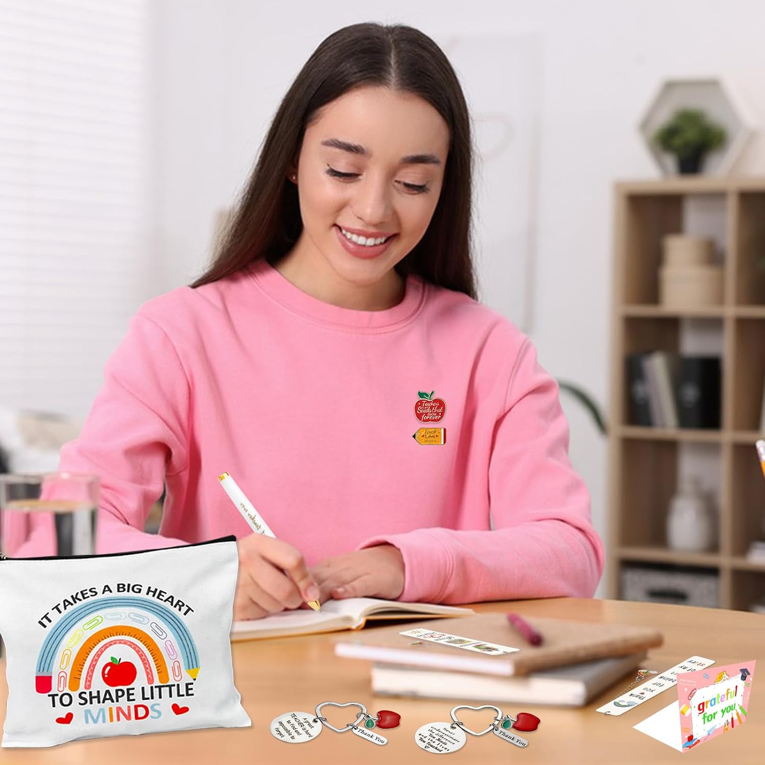 26 PCS Teacher Appreciation Gifts in Bulk 4 Thank You Gift Set with Makeup Bags Keychains Bookmarks Cards Pins Stickers and Best Teacher Ever Pens Perfect Gifts for Teachers Day Graduation Birthday - Image 2