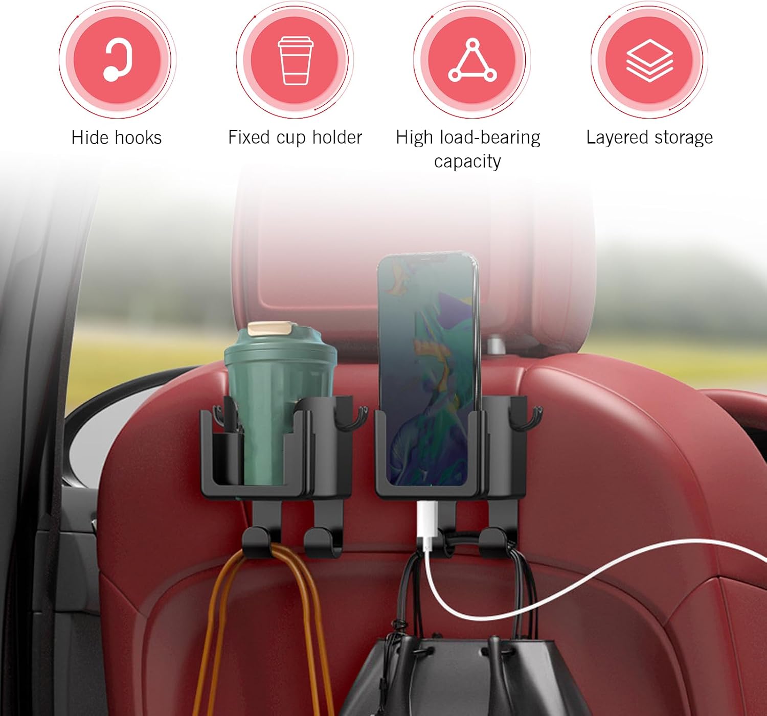 2 Pack Multifunctional Car Back Seat Headrest Cup Holder with Storage Hooks Universal Drink Organizer for Sedans SUVs and Trucks Interior Accessories (Black)
