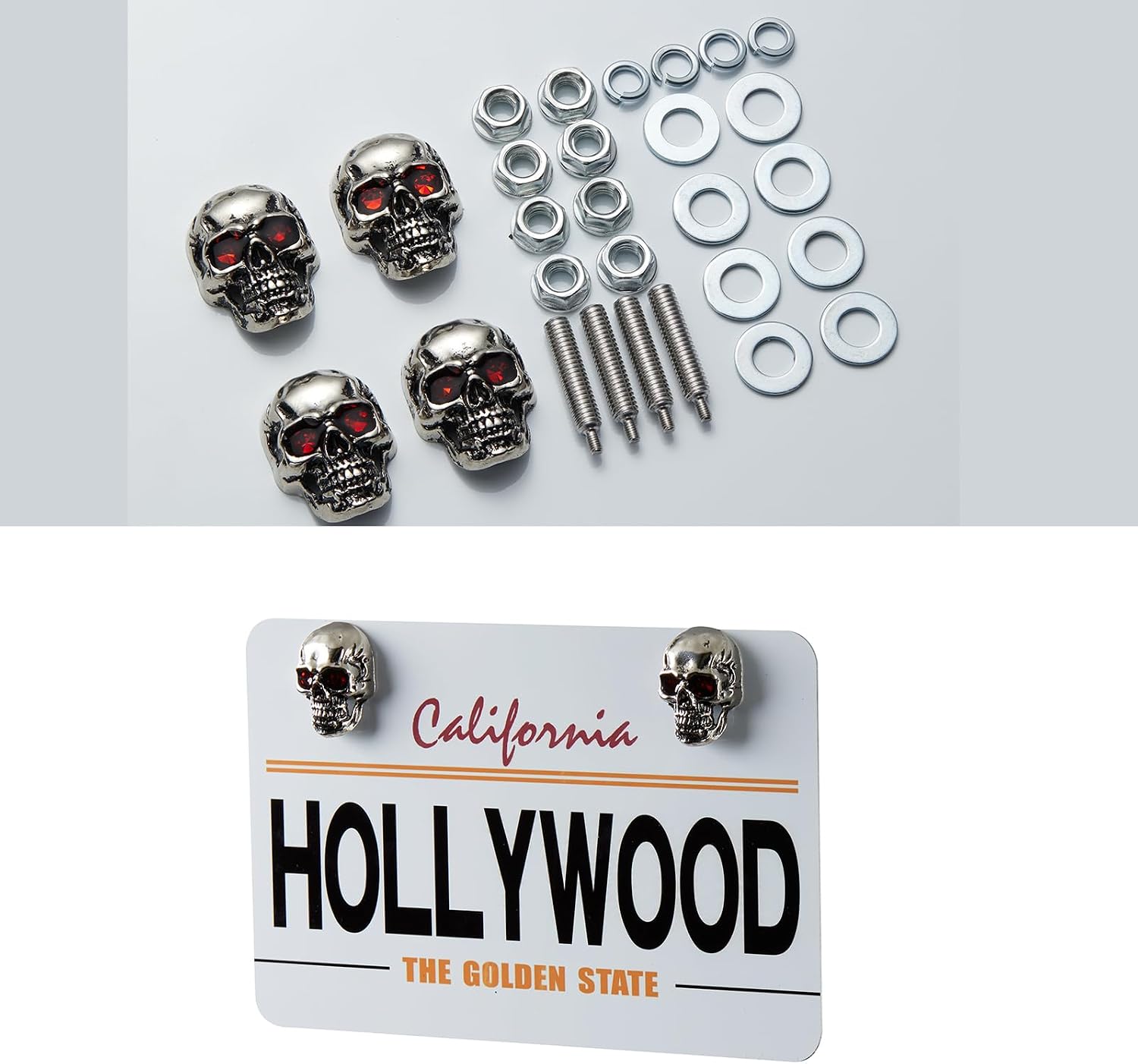 ed Eye Skull License Plate Screws, 4 Pack Zinc Alloy Fasteners, Cool Decorative Bolts for License Plate Frame, Universal Fit for Cars Trucks Motorcycles, Silver with Red Eyes