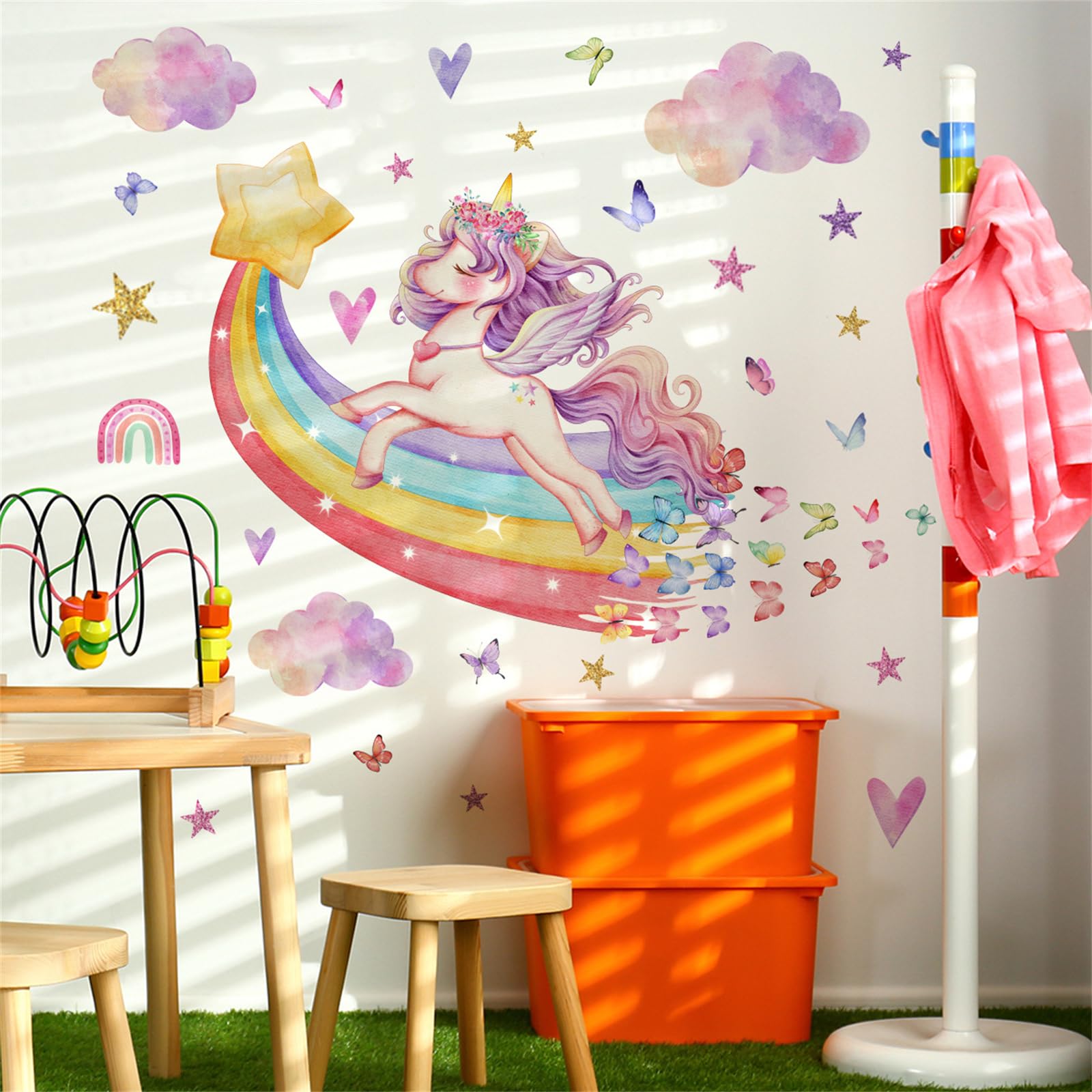 Unicorn Wall Stickers for Girls Bedroom, Rainbow Unicorn Wall Decals with Clouds, Stars & Butterflies - Image 4