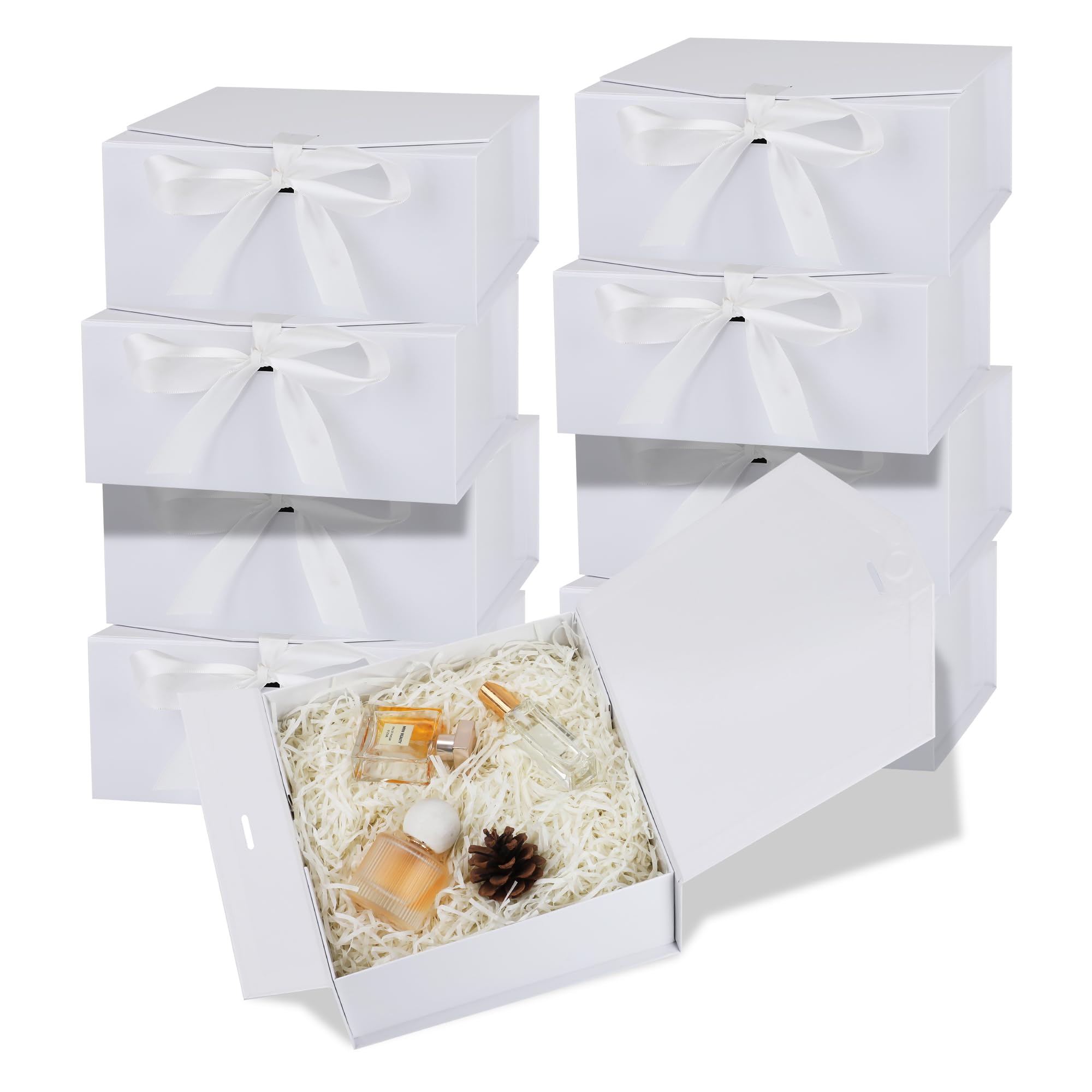 OEMVALATY 8 x Geschenkboxen, 22,9 x 22,9 x 10,2 cm, magnetische Geschenkboxen mit Deckel für Geschenke, weiß mit Schleife, Brautjungfernantragsbox für Hochzeit, Aufbewahrung, Geburtstag
