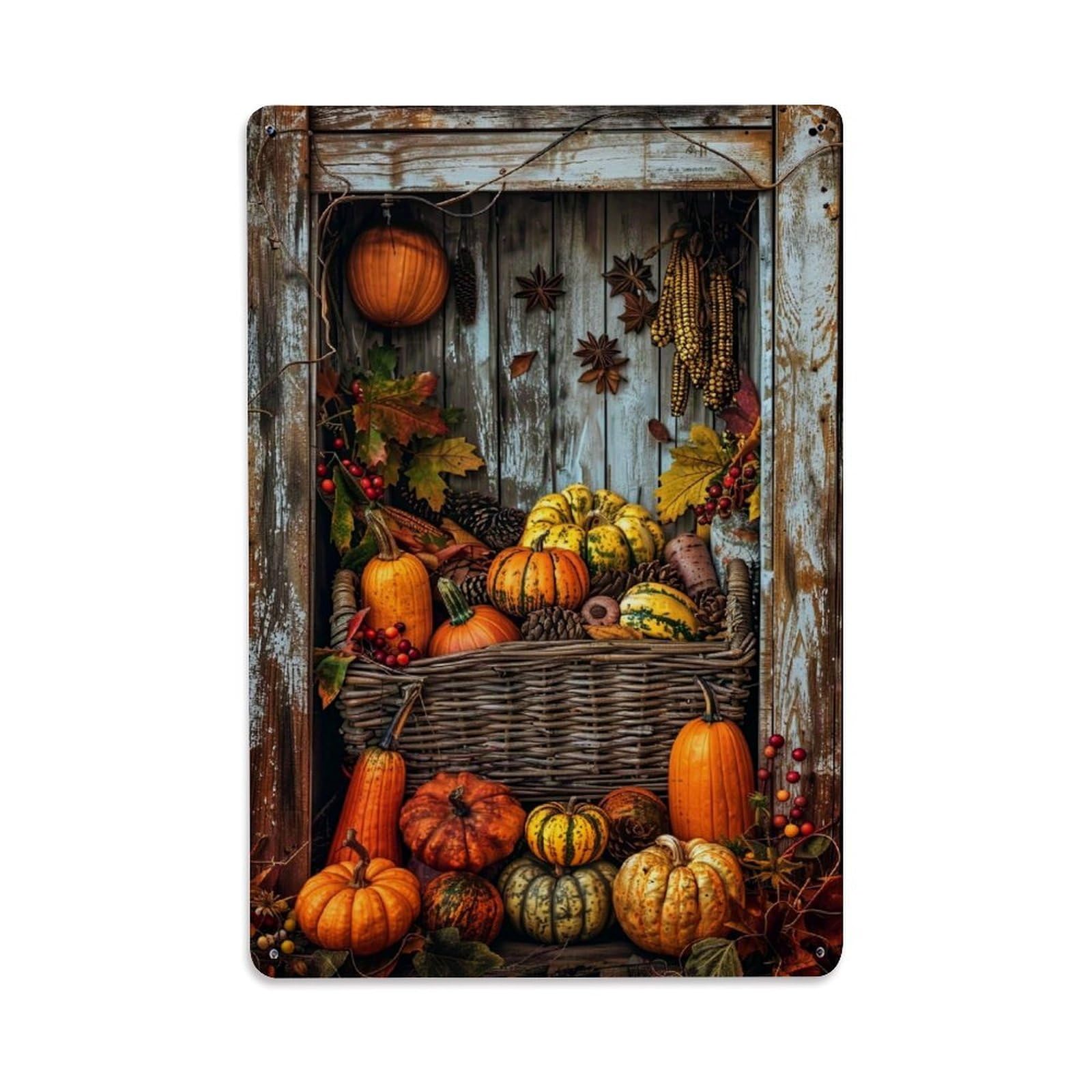 Jdyaojiesheng Vintage Autumn Harvest Pumpkin Corn Leaves Tin Sign Retro Metal Wall Decor Metal Poster, Home Bar Garage Farmhouse Cafe Wall Art Decoration 8X12inches