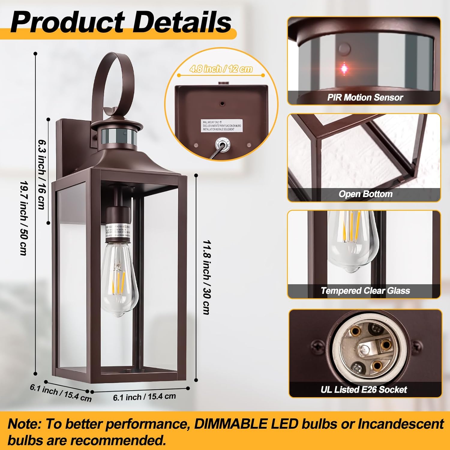 Large Motion Sensor Outdoor Wall Light 20" - Oil Rubbed Bronze Dusk to Dawn Outdoor Lighting, Modern Wall Mount Light Fixture, Brown Porch Light Fixture for Outside House Garage, 3 Modes