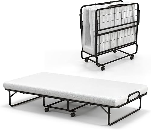 GOFLAME Cama plegable con colchón de espuma viscoelástica, cama de invitados de tamaño individual con marco de metal resistente, cama plegable