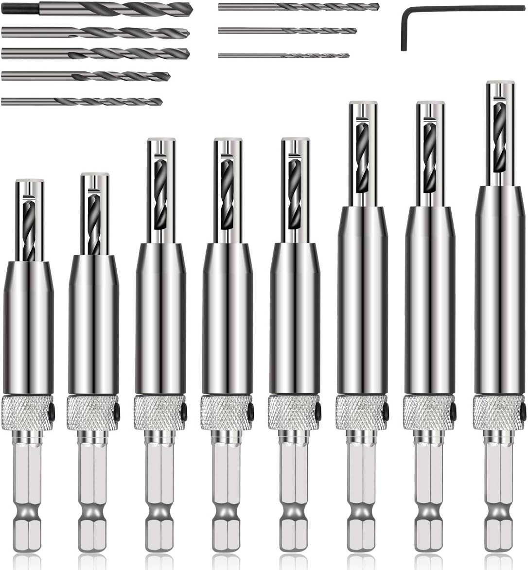 COMOWARE 17pcs VIX Bits Self Centering Drill Bit Set, 1/4" Hex Shank Self Centering Hinge Drill Bit Set for Woodworking Window Door Hinge, Quick Change with 1 Hex Key & 8 Drill Bits 5/64-1/4”