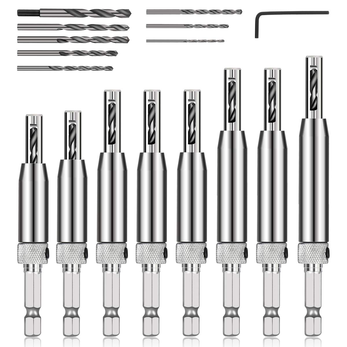 COMOWARE Self-Centering Drill Bit Set, 17pcs VIX Bits, 1/4" Hex Shank Self-Centering Hinge Drill Bit Set for Woodworking Window Door Hinge, Quick Change with 1 Hex Key & 8 Drill Bits 5/64-1/4”
