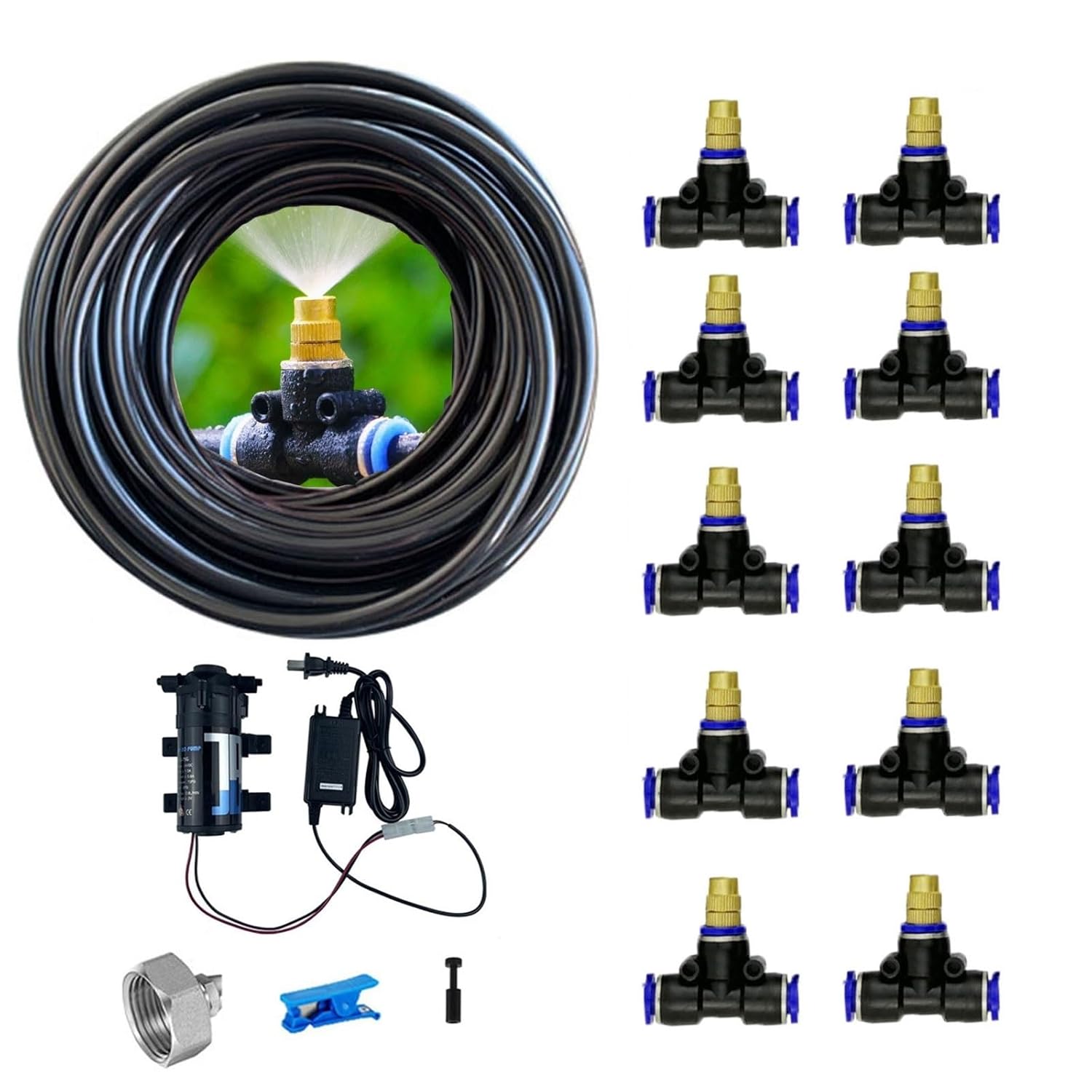 Misting Cooling System with Pump, Outdoor Mister System for Outside Patio, Garden Irrigation System Kit for Garden Greenhouse Umbrella ﻿(49M(160ft))