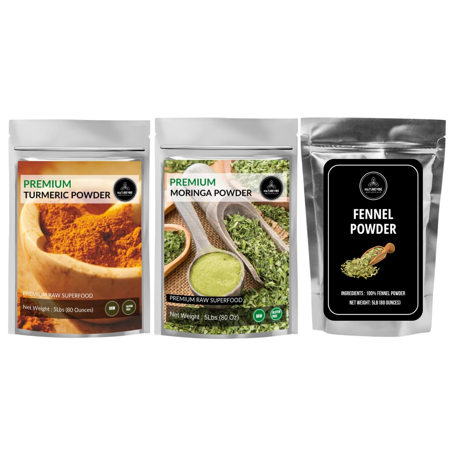 Naturevibe Botanicals Turmeric Root Powder 5lb Moringa powder 5lb Fennel Powder 5lb | Bulk Combo