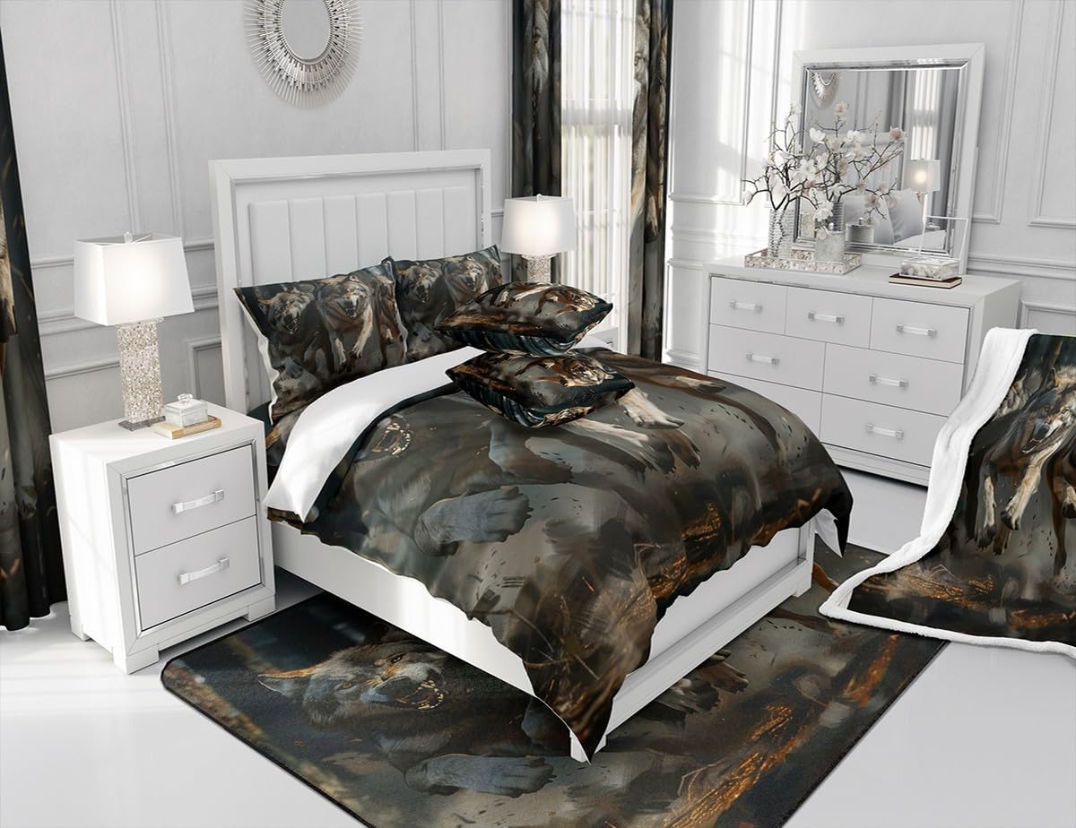 3D Wolf Bedding Set King Size,Grey Native American Wolf Duvet Cover Set for Kids Boys Teens Room Decor,Wild Animal Hunting Theme Comforter Cover 3Pcs,Vivid Wolves Bedspreads Cover,2 Pillowcases