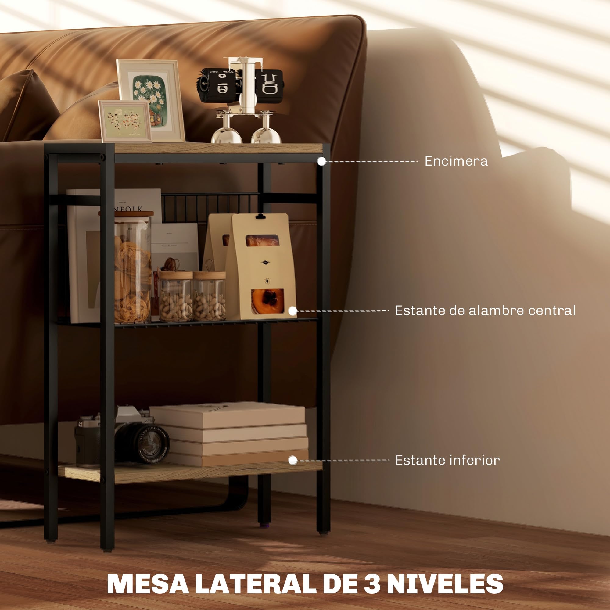 HOMCOM Tavolino stretto a 3 livelli, tavolino industriale con ripiani aperti e struttura in acciaio per soggiorno, camera da letto, 43 x 18 x 62,5 cm, grigio