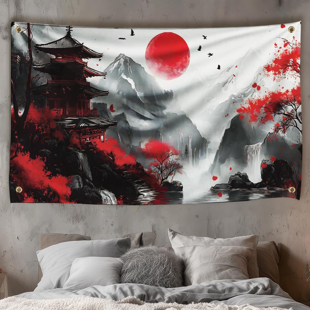 WEBEEDY Japanese Anime Tapestry for Hanging in the Bedroom Living Room Black Red Forest Tree Moon Tapestry Nature Landscape Background Vintage Tapestries for Party 180 x 110 cm