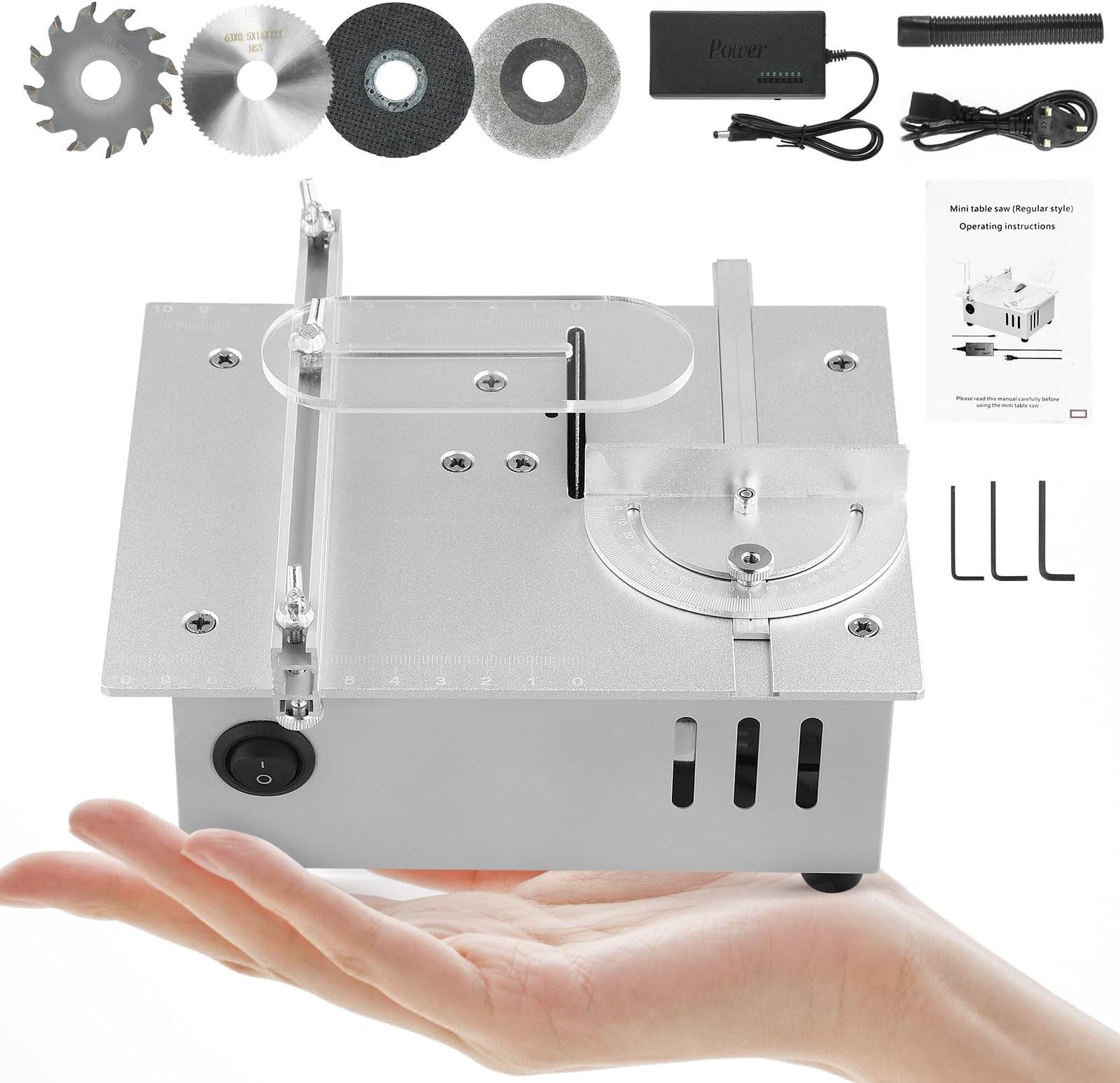 Mini Table Saw for DIY & Crafts, Compact Electric Precision Cutter with 4 Blades, 96W Adjustable Speed, 0.1-15mm Blade Depth for Wood, Plastic & Acrylic Projects (Non-liftable)