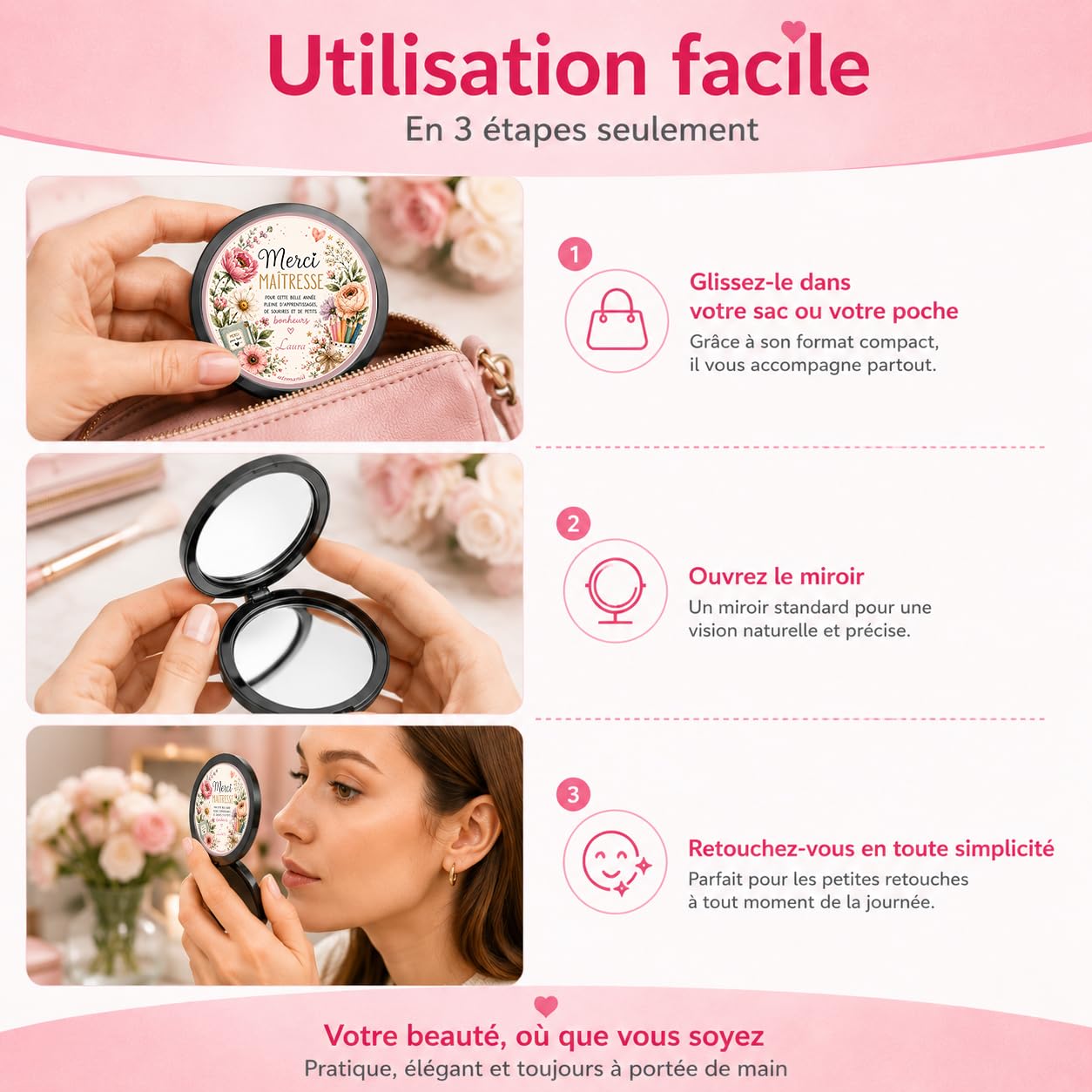Miroir de Poche Merci Maîtresse Personnalisé – Cadeau Maîtresse Fleuri Fin d'Année Scolaire – Cadeau Institutrice avec Prénom – Miroir Compact Femme