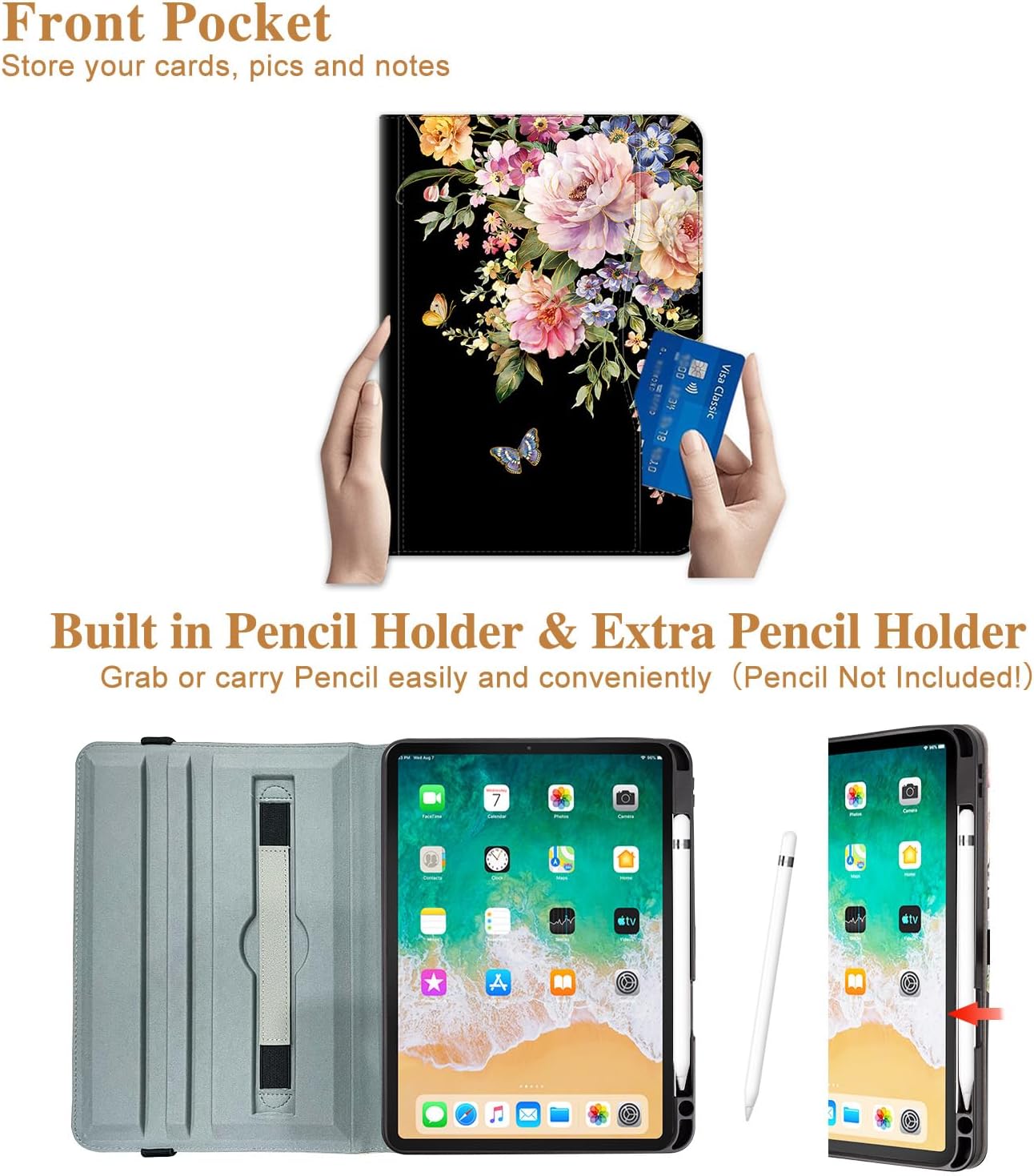 Vimorco Rotating Case for iPad A16 11th/10th Generation 2025/2022, for iPad A16 Case 11th/10th Generation 360 Degree Rotating, 4 Viewing Angles, Pencil Holder/Hand Strap/Pocket,Black Flower Butterfly