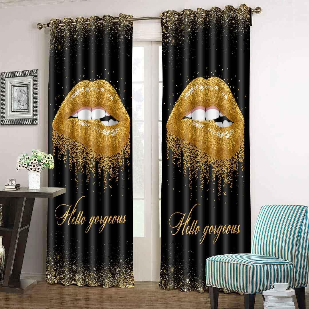 BSPPTI Lips Curtains for Bedroom, Hello Gorgeous Curtain Women Girls Room Darkening Thermal Insulated Blackout Window Drapes for Living Bedroom, 42"x 84", 2 Panels(Black Gold), CLZYSP302