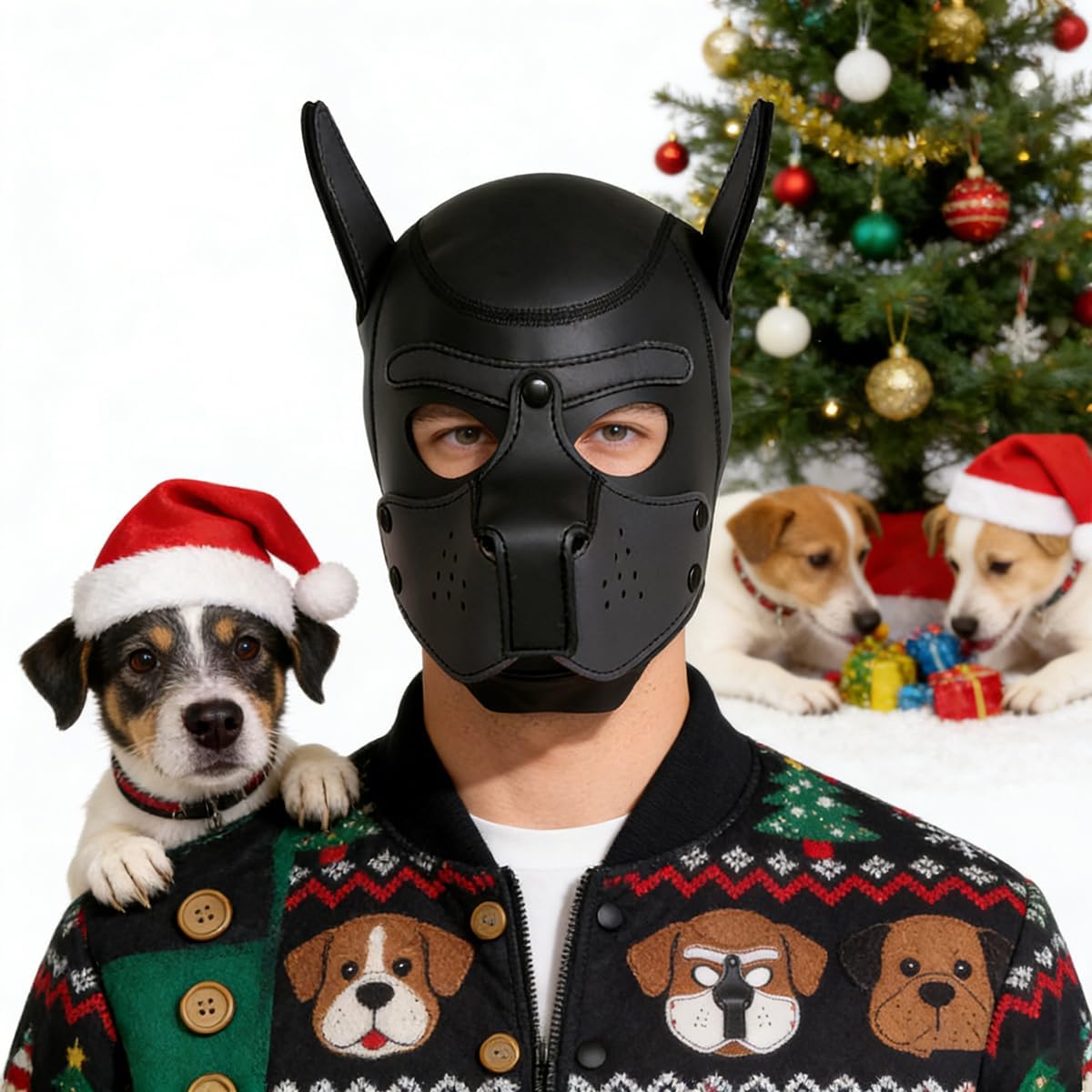 Neoprene K9 Puppy Hood Dog Muzzle Mask Pup Hood Halloween Mask (Black, Mask with Collar)