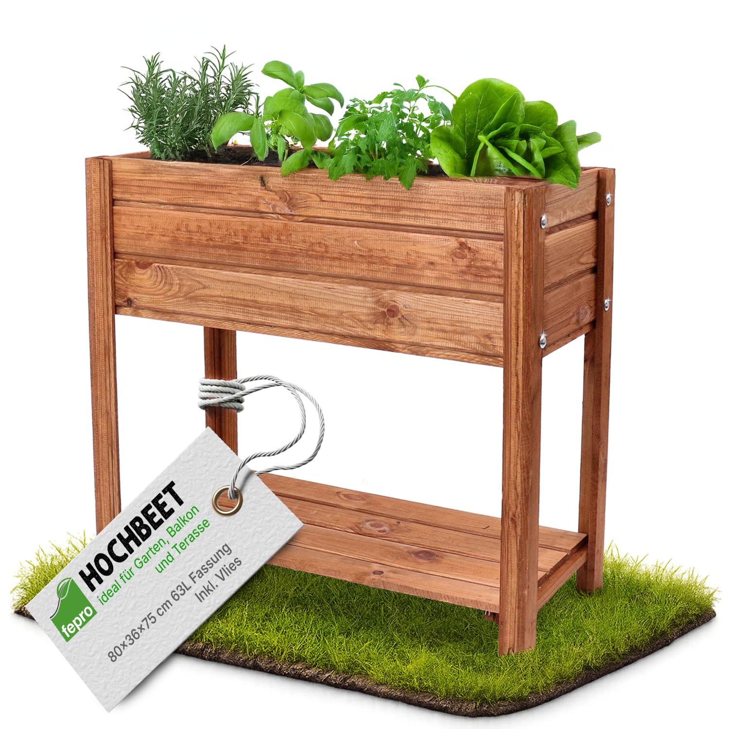 Fepro Fioriera rialzata in legno, 80 x 75 x 36 cm, per giardino, balcone e terrazza, 63 l, con ripiano e tessuto non tessuto, resistente alle intemperie, per verdure e fiori