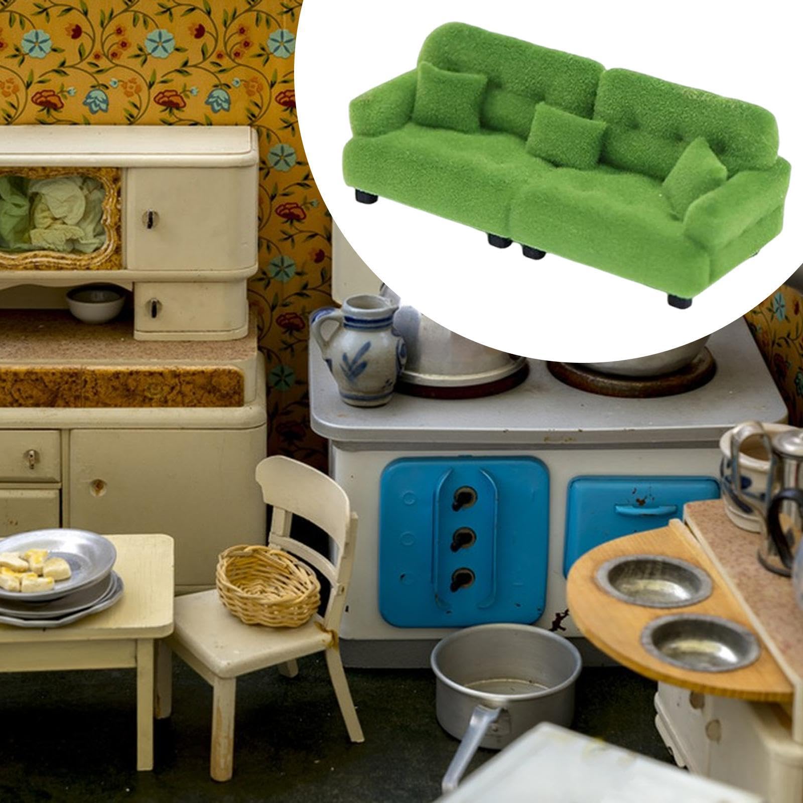Divano in Miniatura, Mobili Floccati, Soggiorno, Camera da Letto, Micro Scena, Decorazione, Ornamento Classico, Divano per Casa delle Bambole, 1 20 Verde