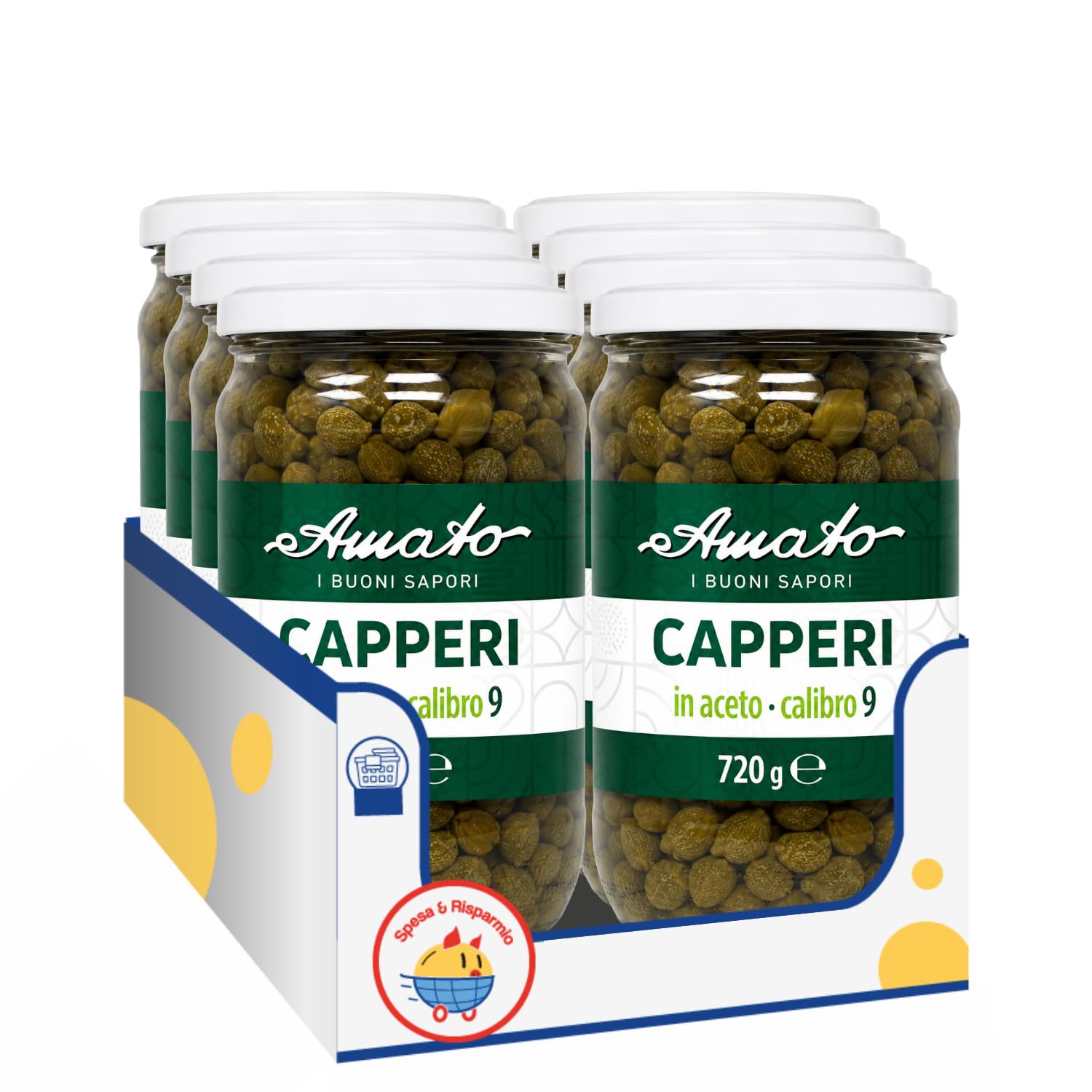 Amato Capperi in Aceto Calibro 9, 720 g, Capperi Conservati in Aceto, Ideali per Insalate, Pasta, Pizza, Pesce, Carne e Antipasti, Confezione Multipla da 4/8/12 Pezzi (12 PEZZI)