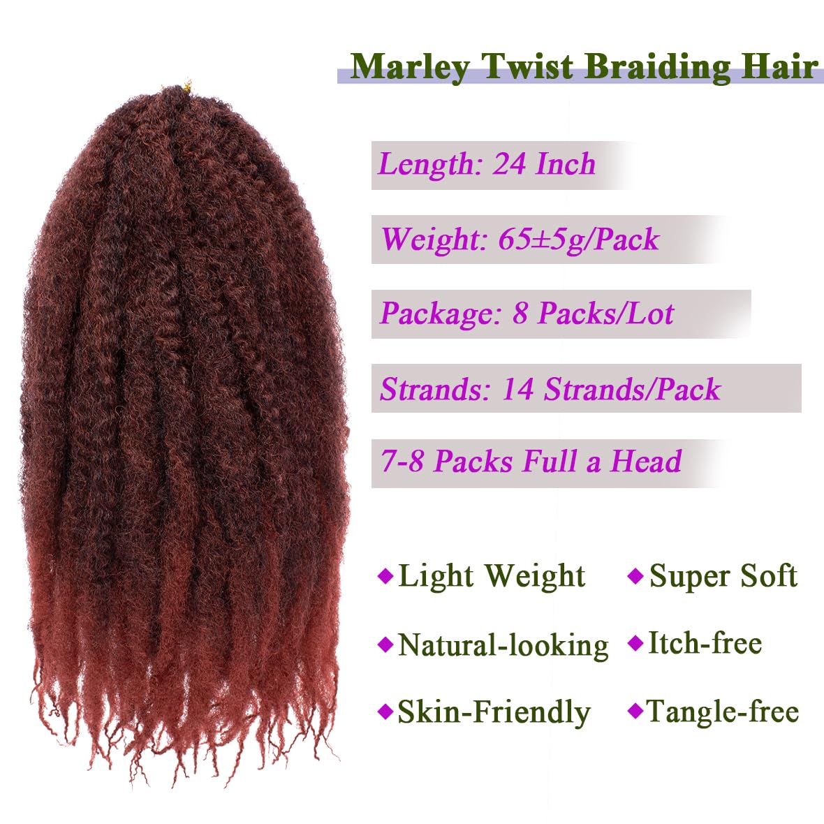 Kachanaa 24 Inch Marley Twist Hair for Braiding 8 Packs Ombre Copper Marley Braids Pre Fluffed Afro Kinky Curly Markey Braiding Hair Extensions for Jumbo Twist /T350# - Image 3