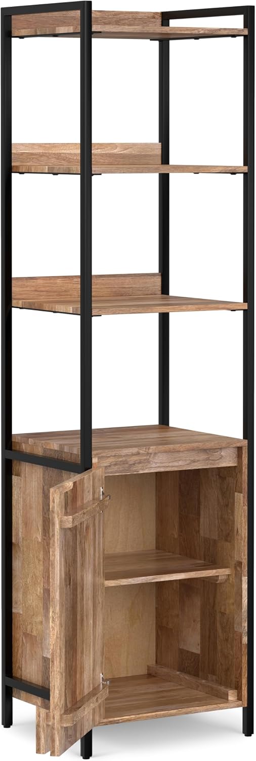 SIMPLIHOME Kelsey Bookcase - 74 inch Tall Solid Mango Wood Narrow Bookshelf with Cabinet in Natural, Modern Industrial Storage for Living Room, Study Room or Office with Slim Profile and Open Shelves