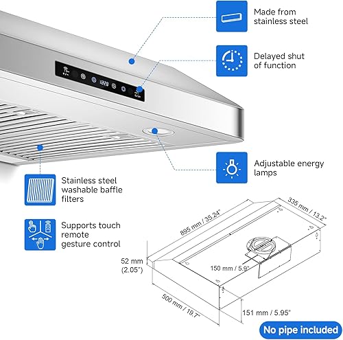 Miniatura 8 de AMZCHEF Campana extractora para debajo del gabinete de 36 pulgadas, 700CFM de acero inoxidable para estufa de cocina, campana de ventilación de 3