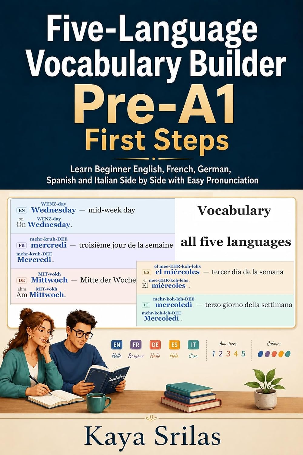 Five-Language Vocabulary Builder Pre-A1 — First Steps: Learn Beginner English, French, German, Spanish and Italian Side by Side with Easy Pronunciation | Learn Français, Deutsch, Español & Italiano.