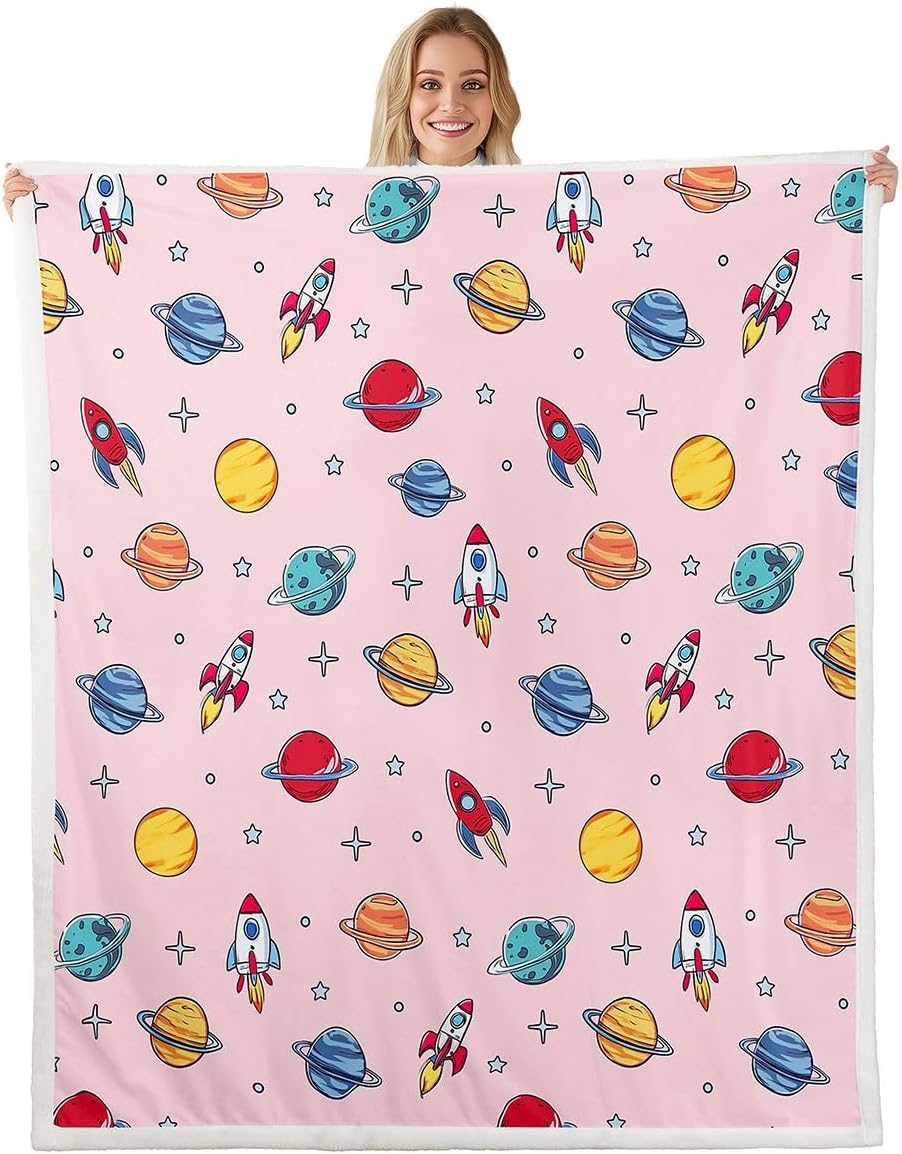 Feelyou Pink Solar System Blanket Cartoon Galaxy Fleece Throw Blanket Boys Girls Star Pattern Plush Soft Universe Cloud for Sofa Bed Couch Baby 30"x40"
