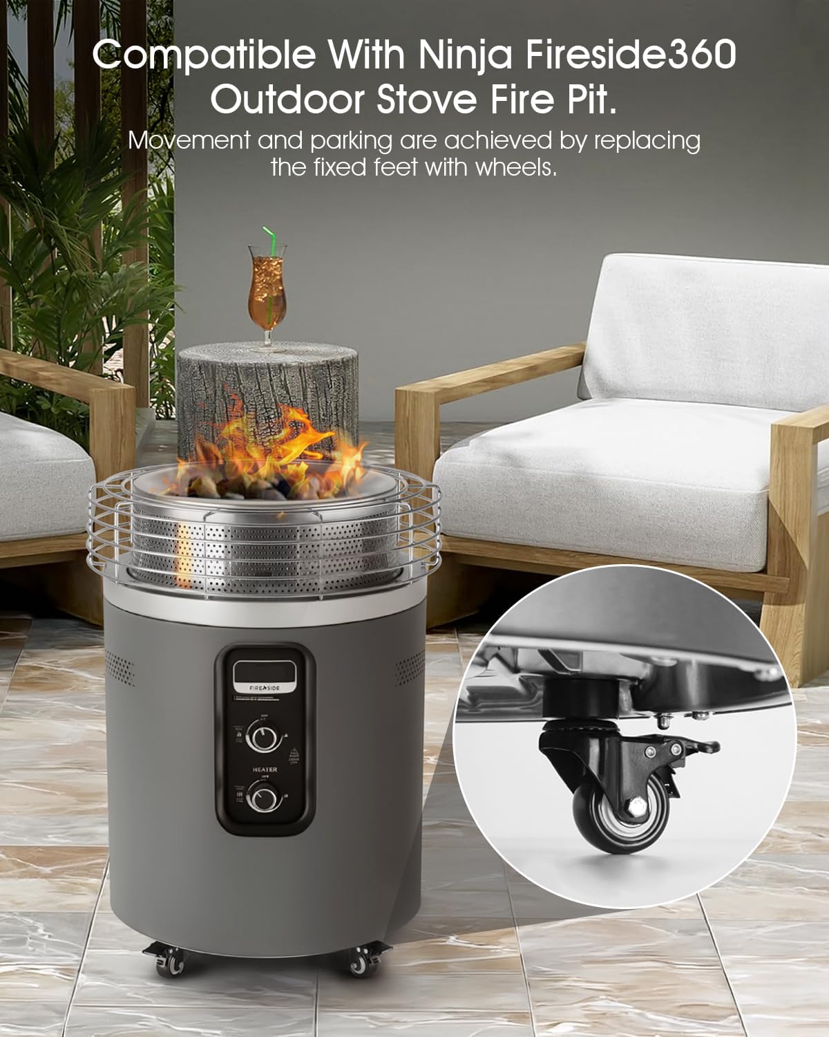 Wheel Kit Compatible with Ninja Fireside360 Outdoor Heater & Fire Pit — 2" Swivel Casters with Wheel Brake — PVC Quiet-Roll Tread — Move & Park on Hard Surfaces — Accessories for Ninja Fireside 360