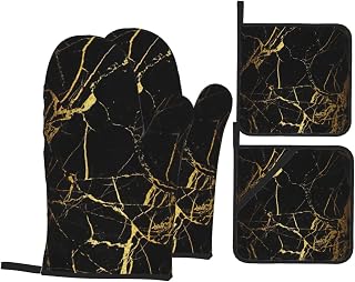 Black Gold Marble Printing Oven Mitts and Pot Holders 4pcs Set,High Heat Resistant Kitchen Gloves for Baking Cooking
