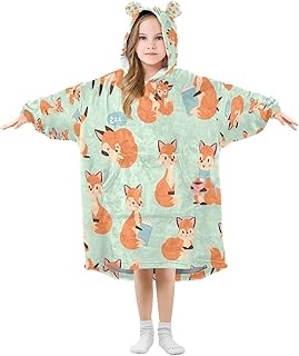 Kigai Cute Fox Wearable Blanket Hoodie for Kids Oversized Hooded Sweatshirt Soft Cozy Flannel Blanket with Pocket