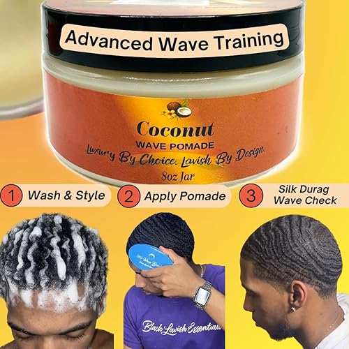 Miniatura 3 de Pomada ultra suave de 360 ondas, mantequilla de coco de 8 onzas, crema de peinado no grasa de fijación fuerte para ondas profundas, manteca de