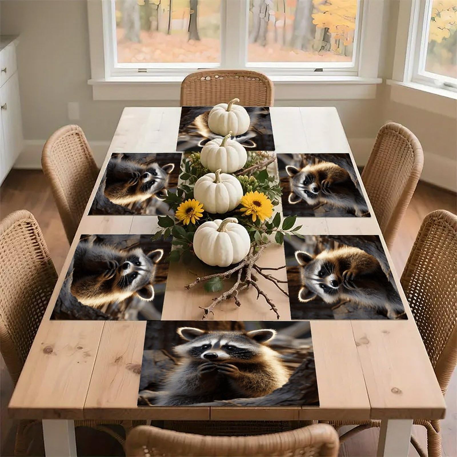 Cute Raccoon Placemats Non-Slip Heat Resistant Table Mats Flax Washable Cloth Place Mats Easy to Clean Premium Placemat for Kitchen Dining Table Decor Party Outdoor