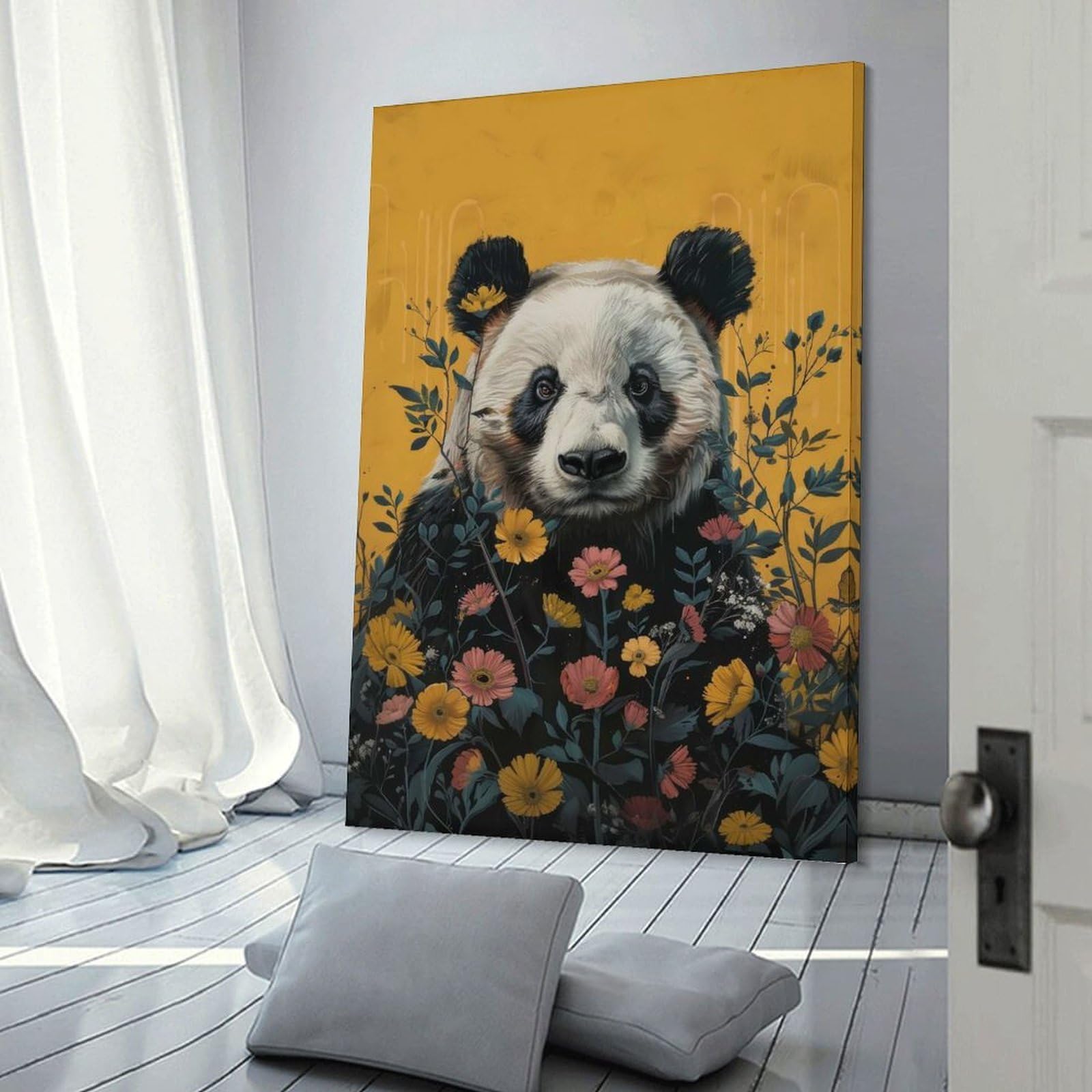 Junmoney Frame-Style-19 Canvas Wall Picture Panda In Bloom, 20X30inch(50X75cm), For Bedroom, Lounge Or Dressing Area, Stylish Decor For A Restful Room Update