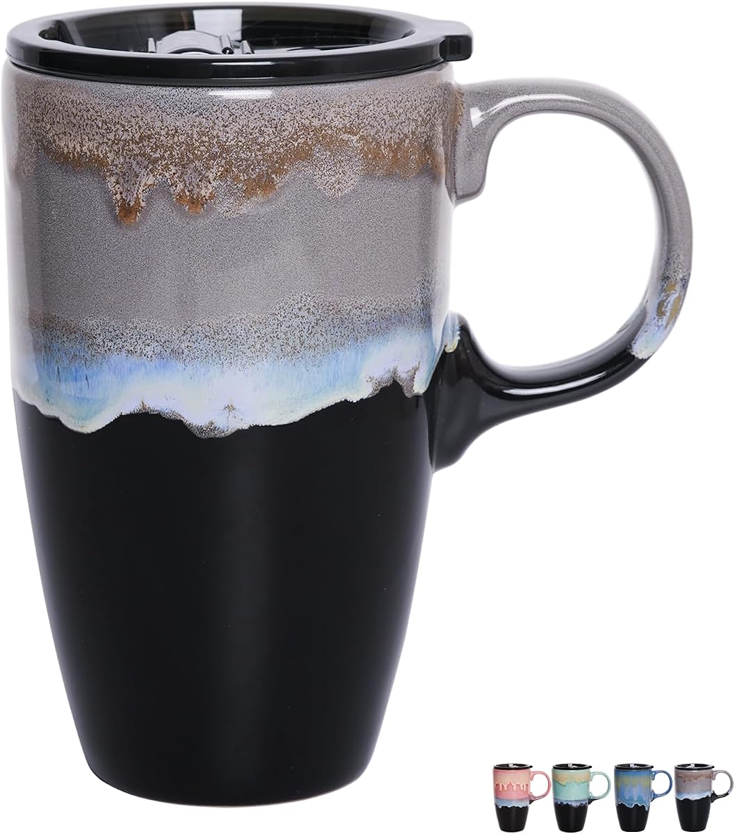 Bosmarlin Ceramic Travel Coffeel Mug with Handle and Lid, 18 oz, Portable Coffee Cup for Car Cup Holder, Microwave and Dishwasher Safe, Reactive Glaze (Grey)