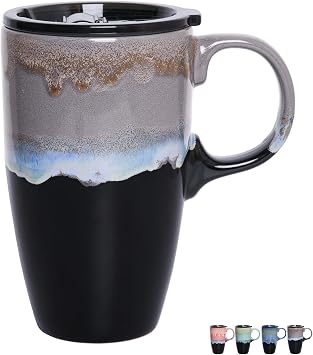 Bosmarlin Ceramic Travel Coffeel Mug with Handle and Lid, 18 oz, Portable Coffee Cup for Car Cup Holder, Microwave and Dishwasher Safe, Reactive Glaze Grey