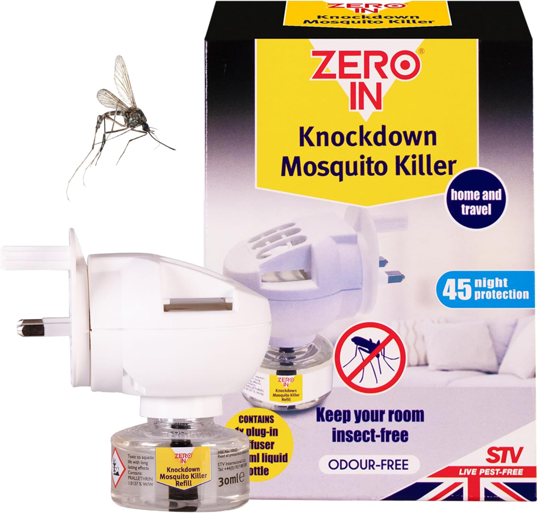 Knockdown Plug-In Mosquito Killer - Odour-Free Plug-In Insect Repellent Unit - Kills Mosquitoes, Midges, & Biting Insects on Contact - Provides Up to 45 Nights of Protection - 30ml Bottle