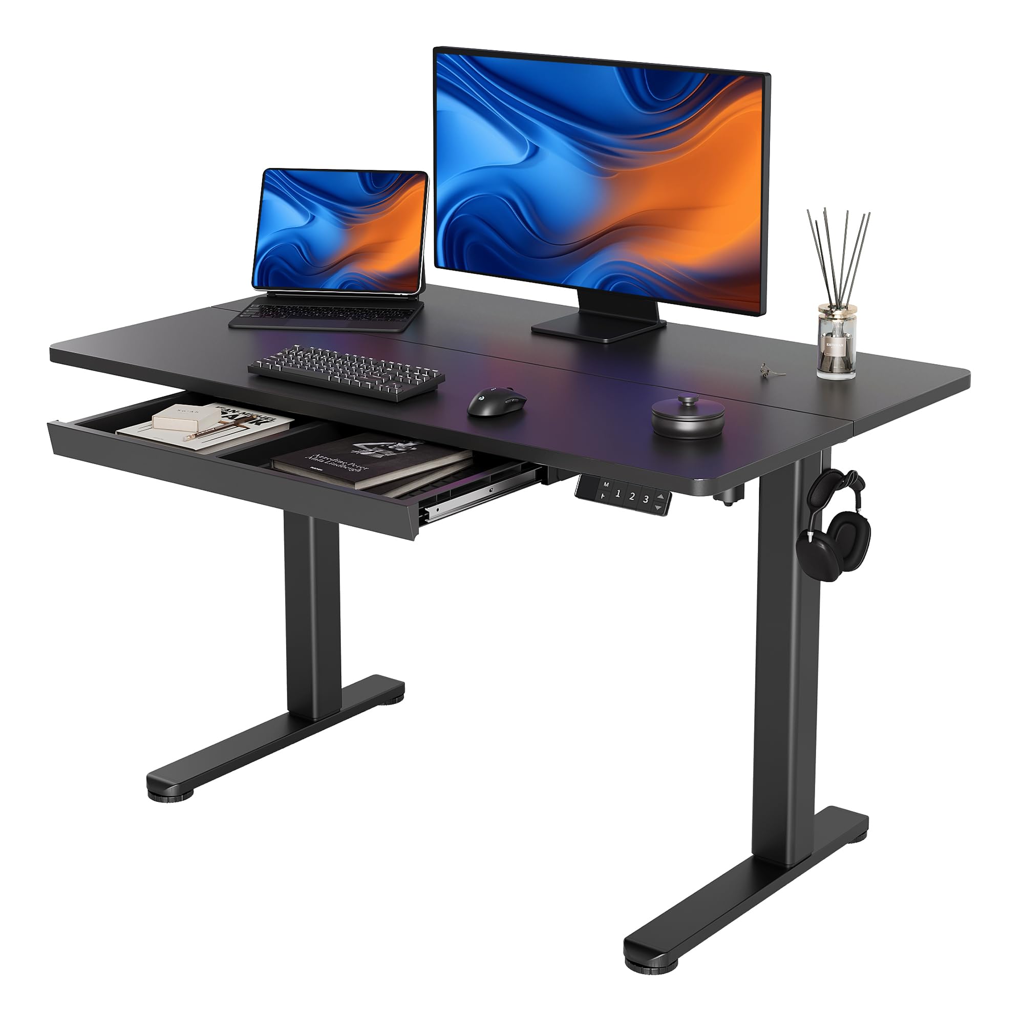 YDN Standing Desk with Drawers, 48 x 24 Inch Adjustable Height Stand Up Desk, Sit Stand Computer Desk for Home Office, Black