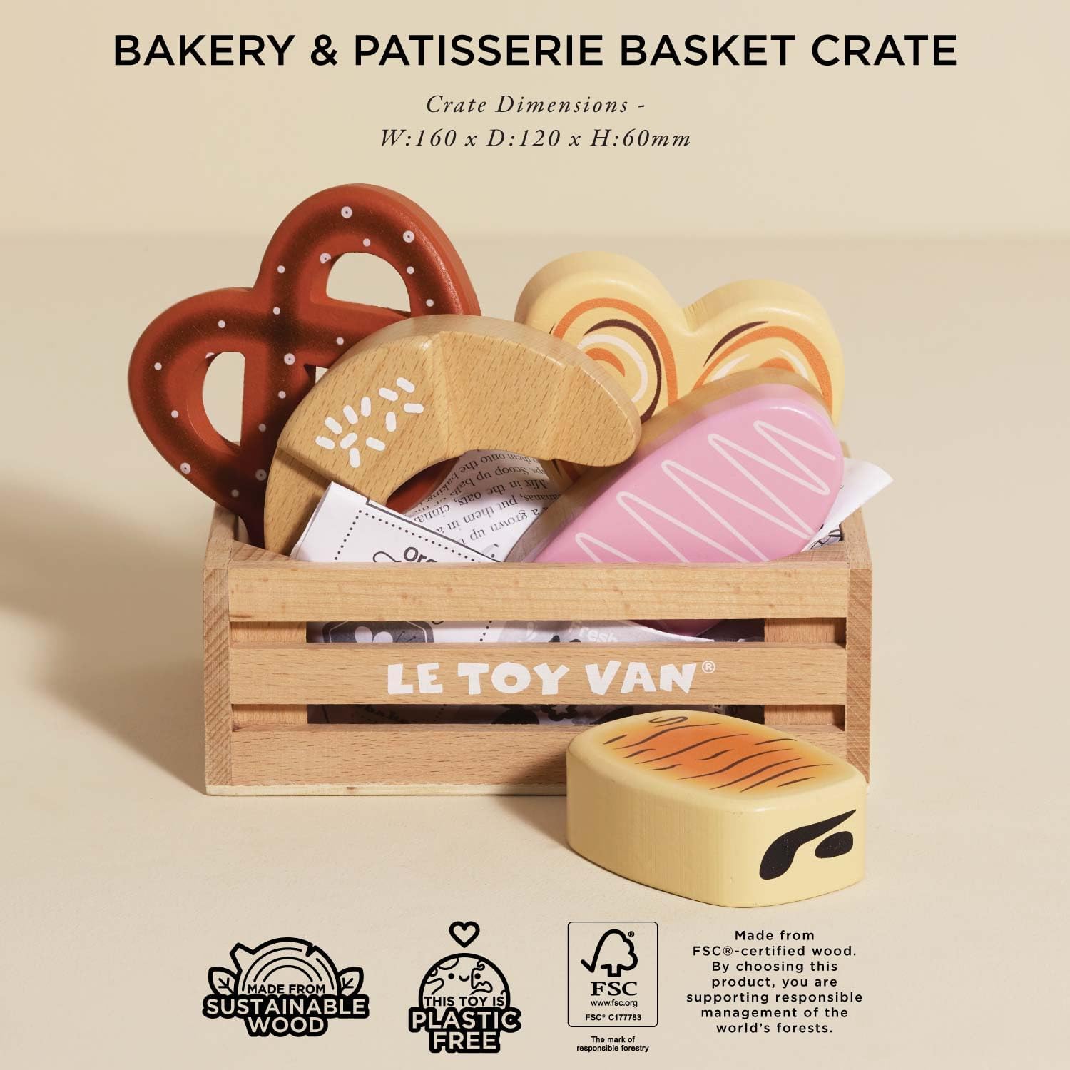 Le Toy Van - Educational Wooden Honeybee Market Baker's Basket Crate | Wood Play Food | Supermarket Pretend Play Shop Food