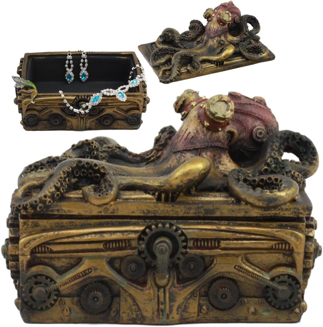Ebros Faux Bronze Steampunk Octopus On Pirate Treasure Chest Decorative Jewelry Box Figurine Gas Mask Kraken Foot Soldier Warrior Statue
