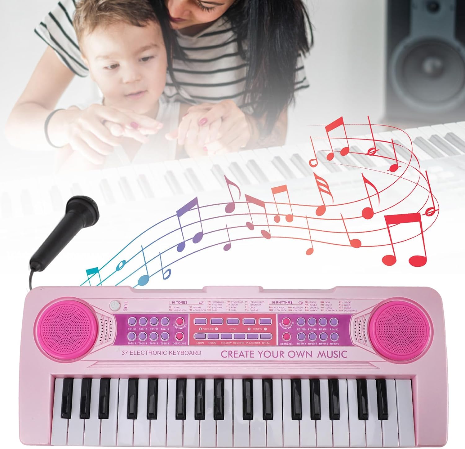 37 Key Electronic Piano, Portable Kids Keyboard Piano with 37 Instrument Sounds 8 Demo Songs 16 Music Rhythms, Detachable Microphone Recording Playback, for Kids Boys Girls