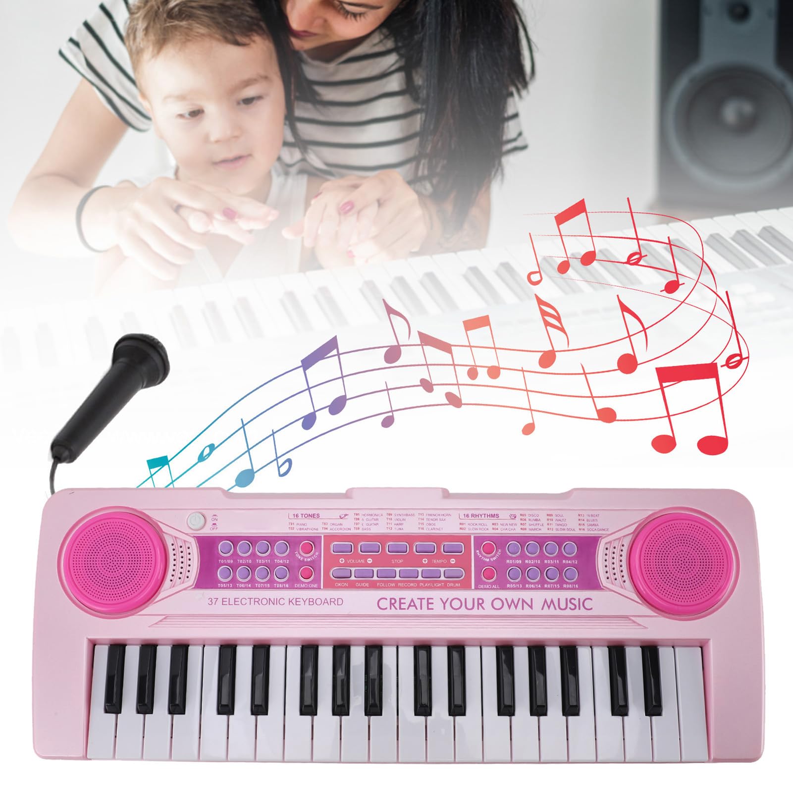 AMONIDA Piano con Teclado para Niños de 37 Teclas, Piano Electrónico, Juguete Musical Portátil con Micrófono, 16 Timbres y 8 Canciones de Demostración, Ideal para Niños, Principiantes, y Niñas