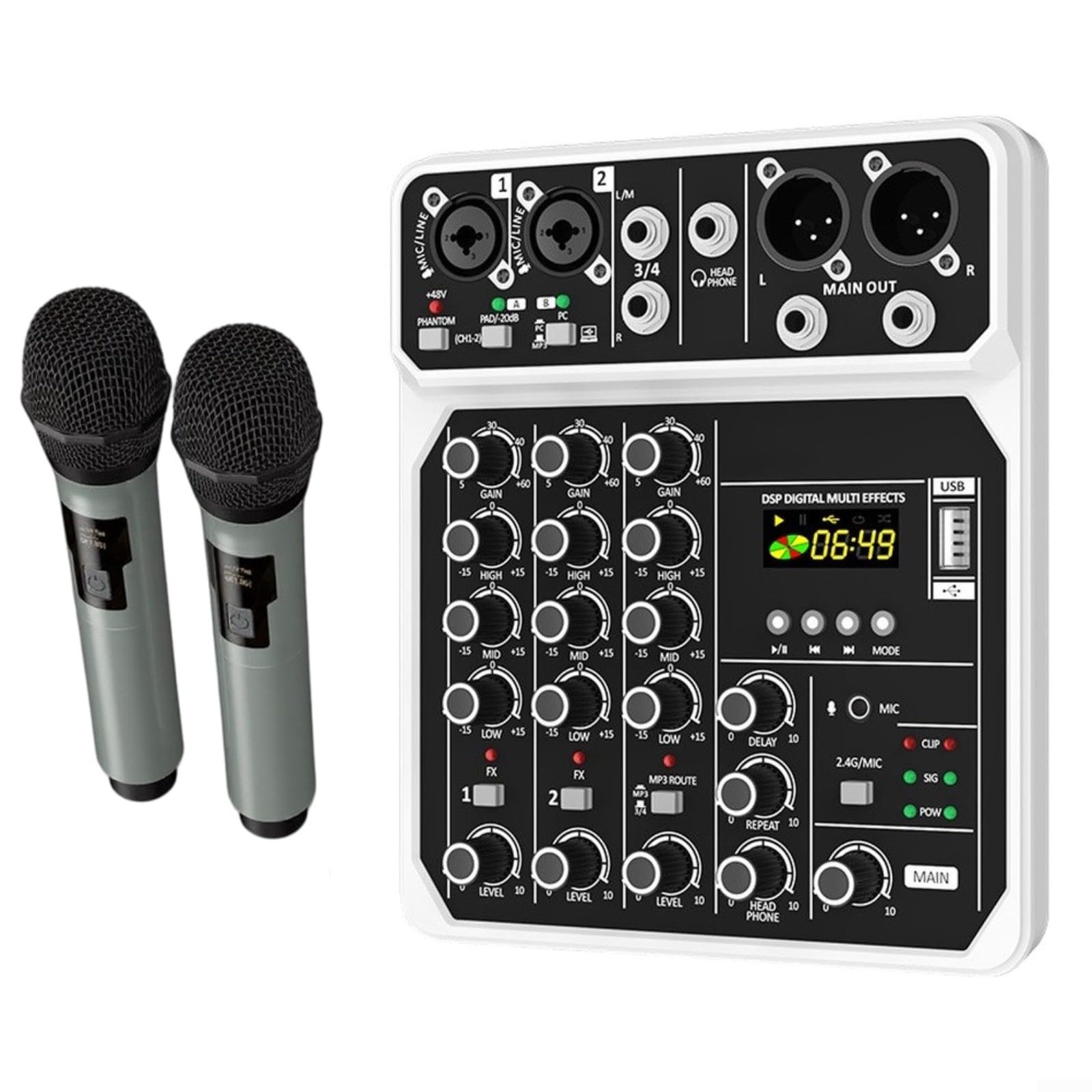 Mixer audio a 4 canali console di miscelazione con potenza 48V Lettore MP3 Doppio ingresso microfono ABS portatile per uso in palcoscenico prestazioni dal vivo