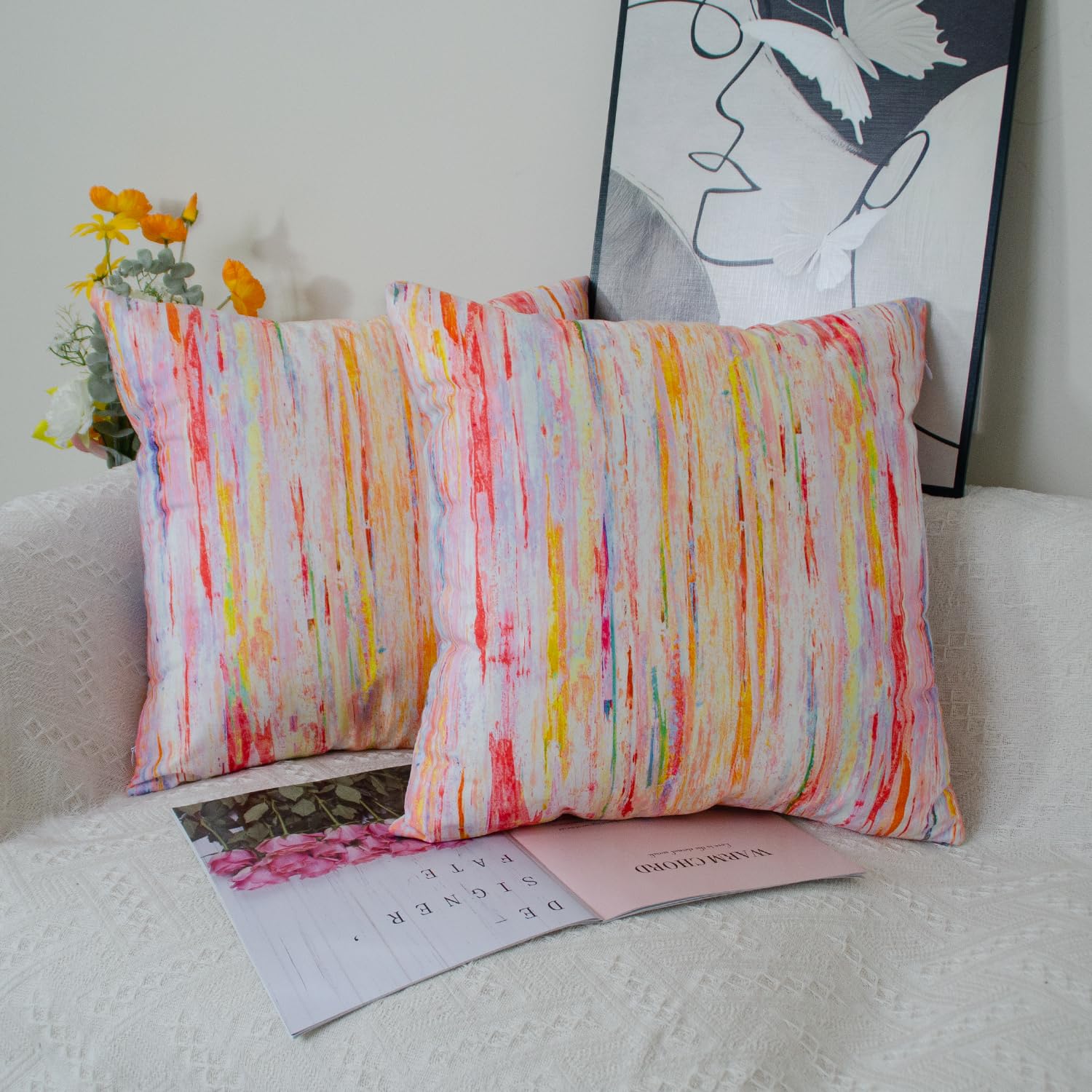 DILOXNSU Cushion Covers 45 x 45 cm Colorful Abstract Art Set of 2 Rainbow Oil Painting Soft Velvet Decorative Square Pillow Cover for Sofa Couch Livingroom Home Decor Cushions Cases 18 x 18 Inch - Image 2