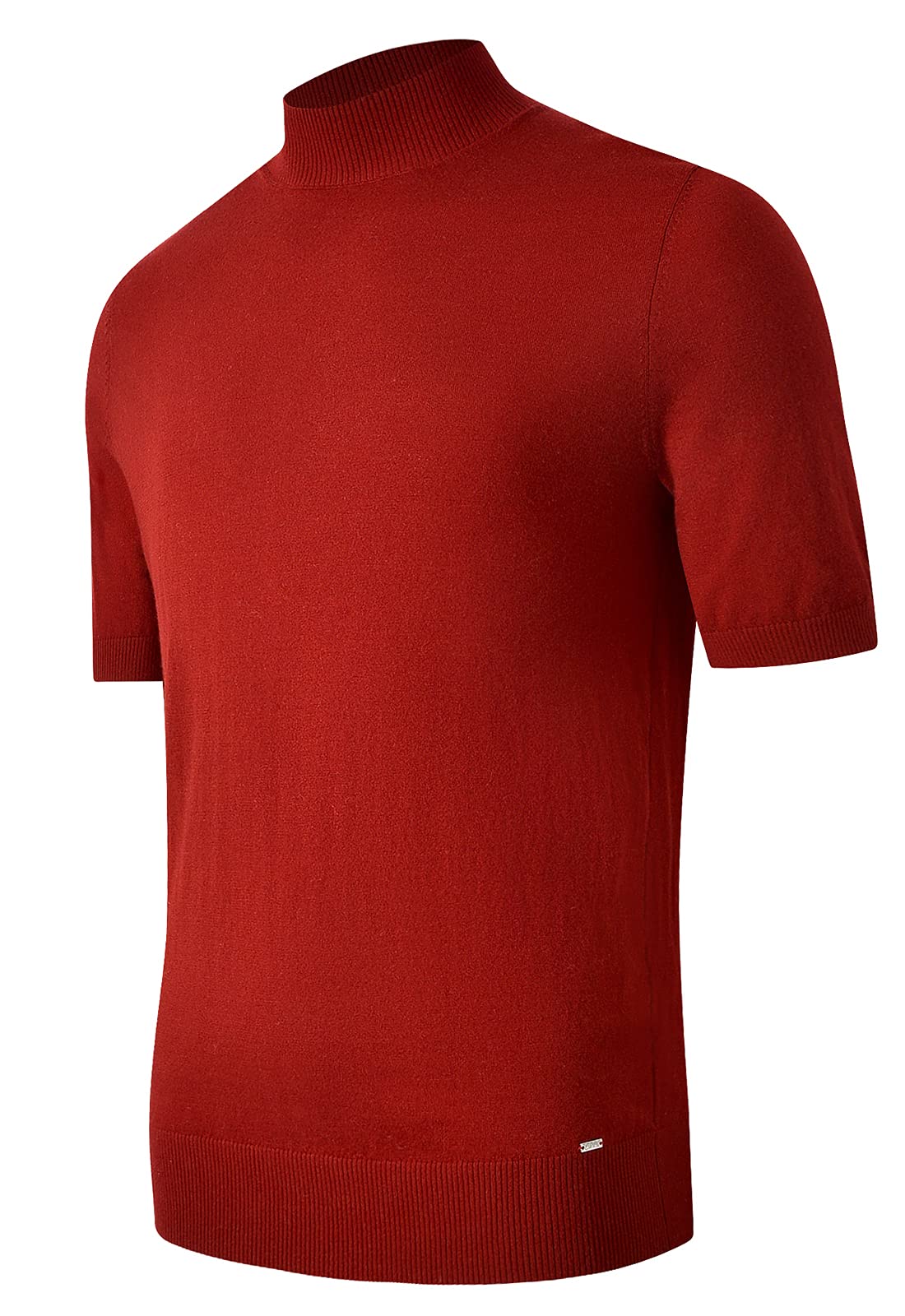 Men's Light Weight Merino Wool Mock Turtleneck Sweater Undershirt Short Sleeve T-Shirt_Red_Medium