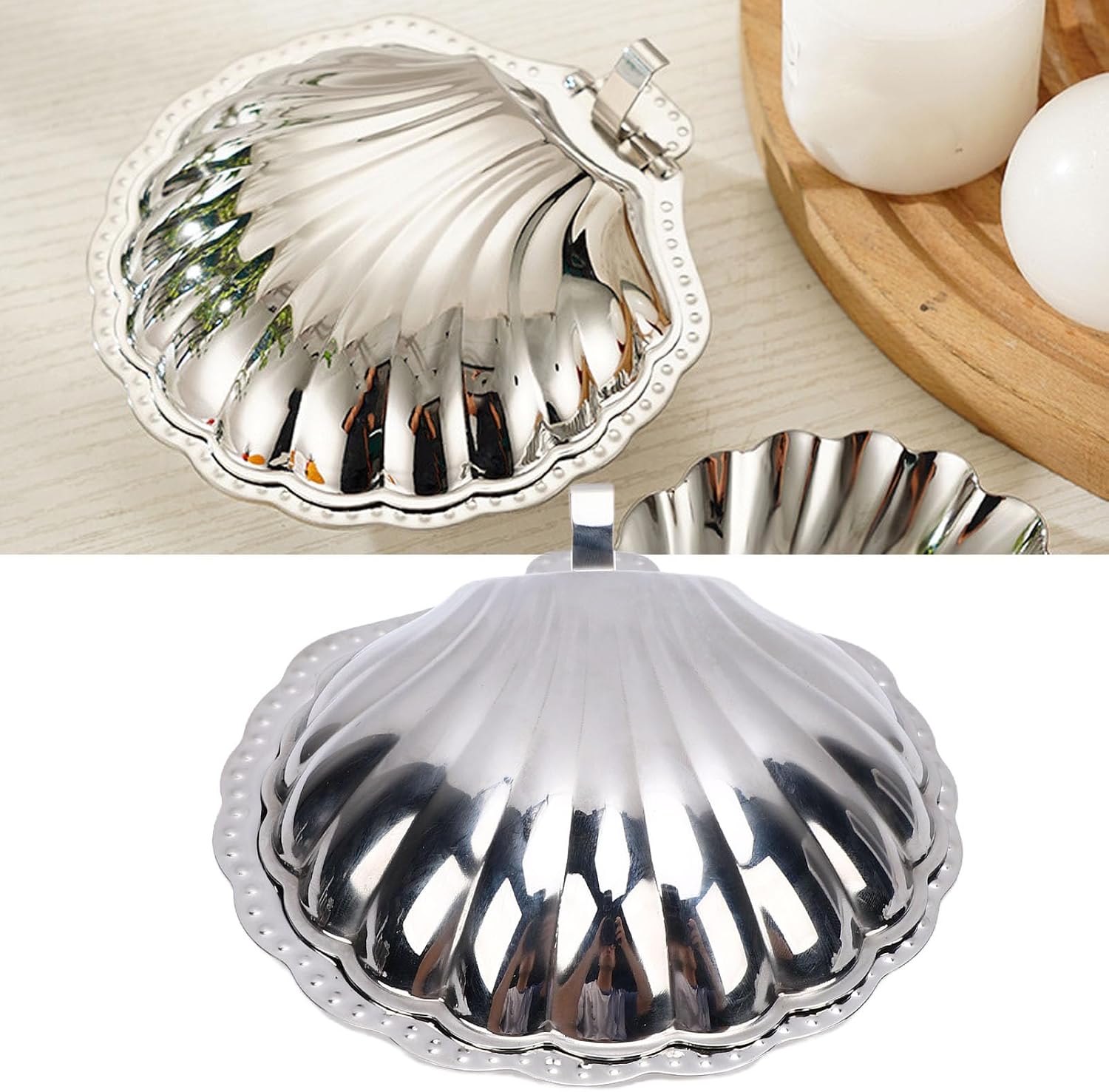 Shell Jewelry Dish Tray, Decorative Trinket Tray for Earrings & Rings, Silver Stainless Steel Appetizer Plate & Serving Dish for Nuts, Desserts, Home Party Decor