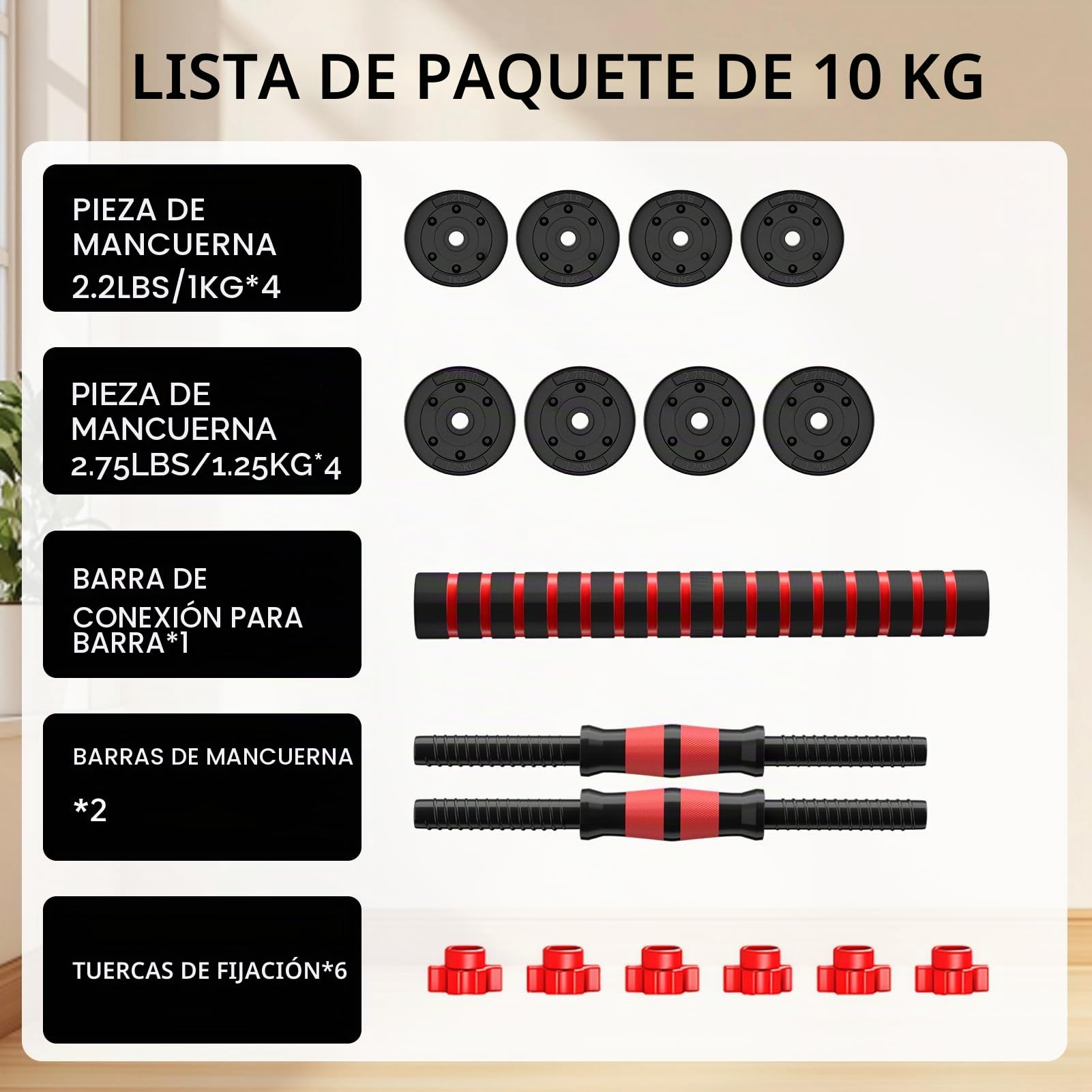 Mancuernas-Ajustables, Juego de Pesas con Barra Libremente Combinable con Barras ConexióN, 10/15KG Kit de Levantamiento de Pesas para Gimnasio en casa, Pesos Fitness para Hombres/Mujeres