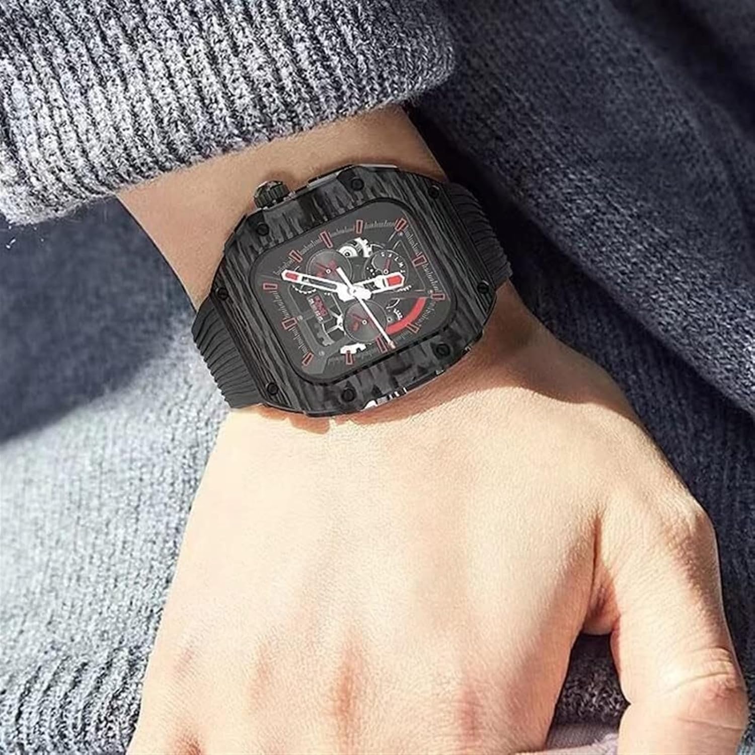 BUDAY Carbon Fiber Case Rubber Strap，For Apple Watch Ultra 8 7 6 5 4 SE, Fluorine Rubber Sport Watch Case Modification Kit，For Iwatch Series 45mm 44mm Replacement Accessories