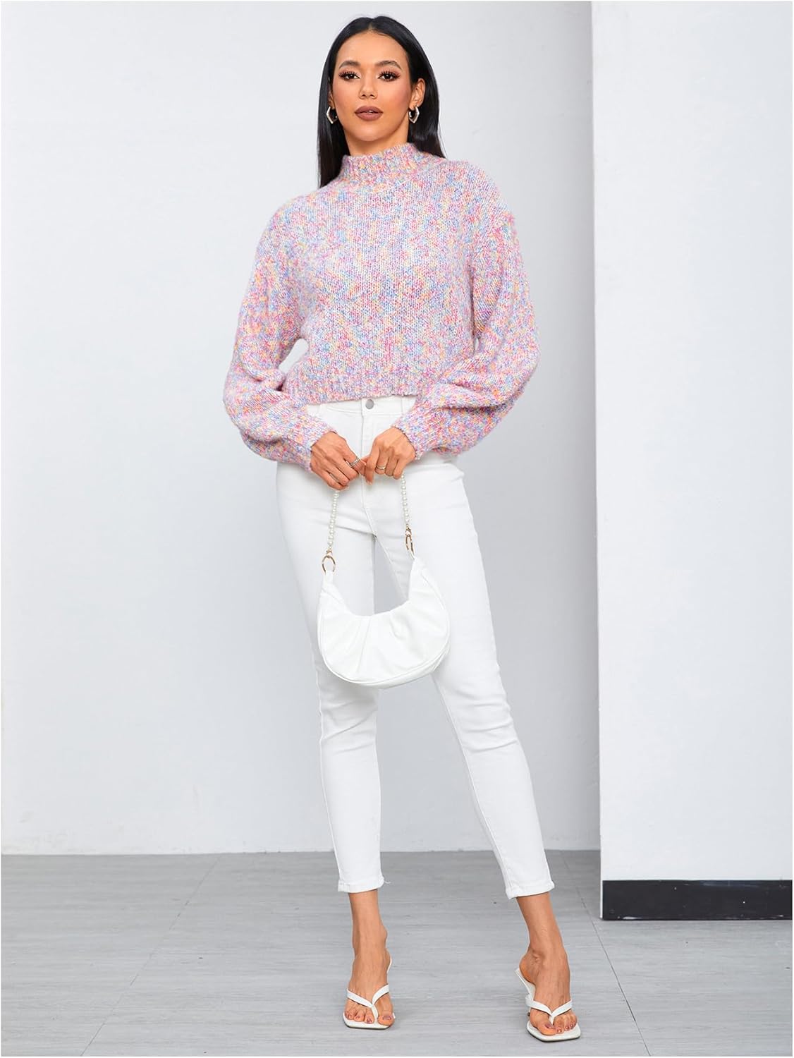 MakeMeChic Women's Space Dye Mock Neck Long Sleeve Cropped Sweater Pullover Knitted Top - Image 5